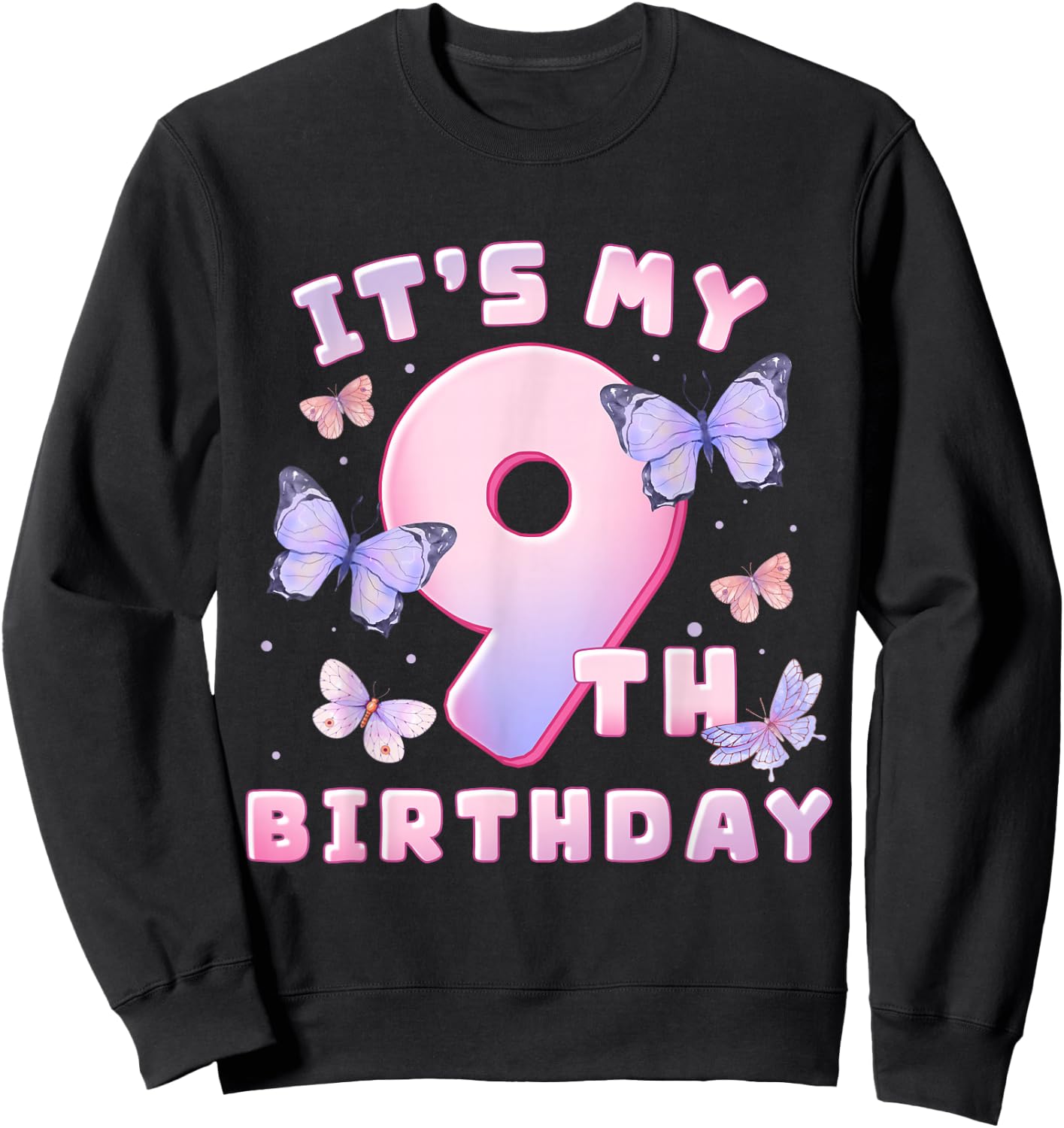 9th Birthday Girl Butterflies and Number 9 Cute Kids Sweatshirt - Sweatshirt | Black