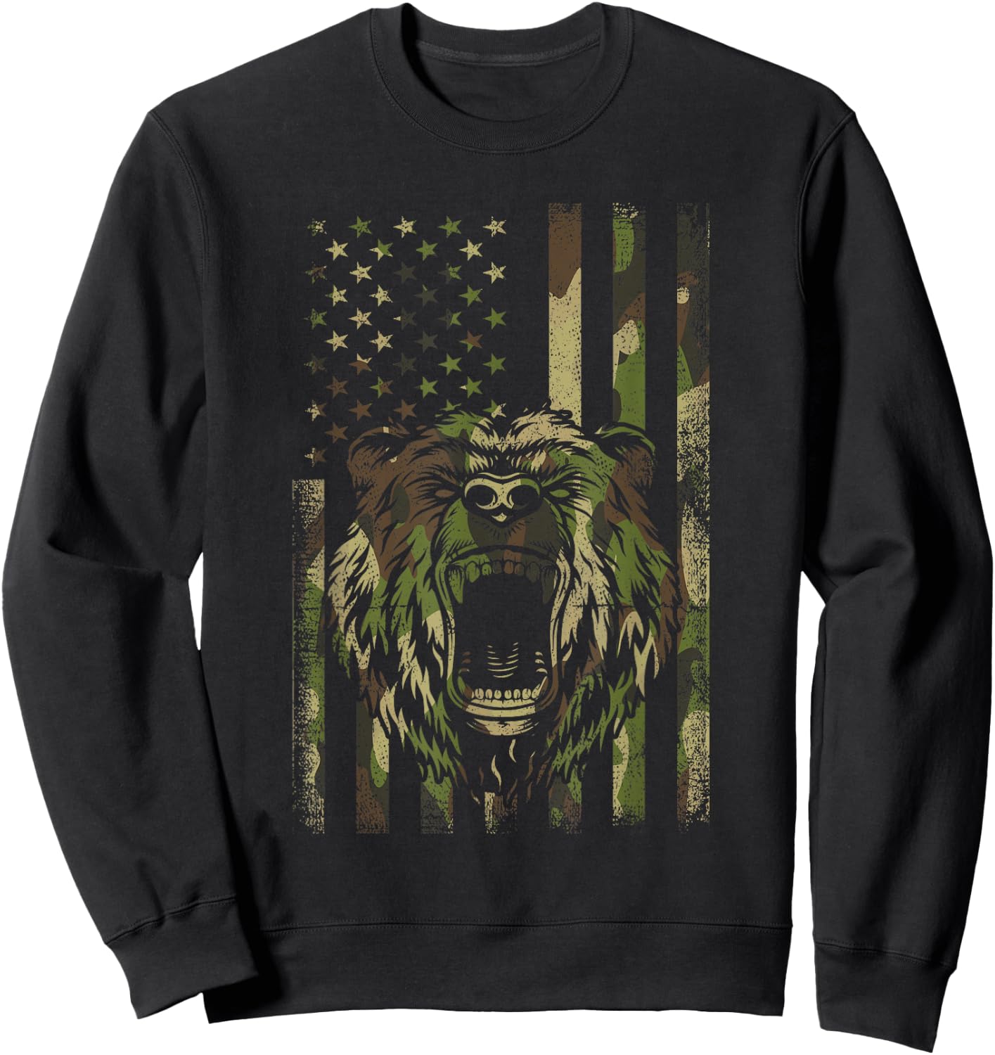 Funny Camo Hunting Lover American Flag Graphic Bear Hunters Women Men Sweatshirt - Sweatshirt | Black