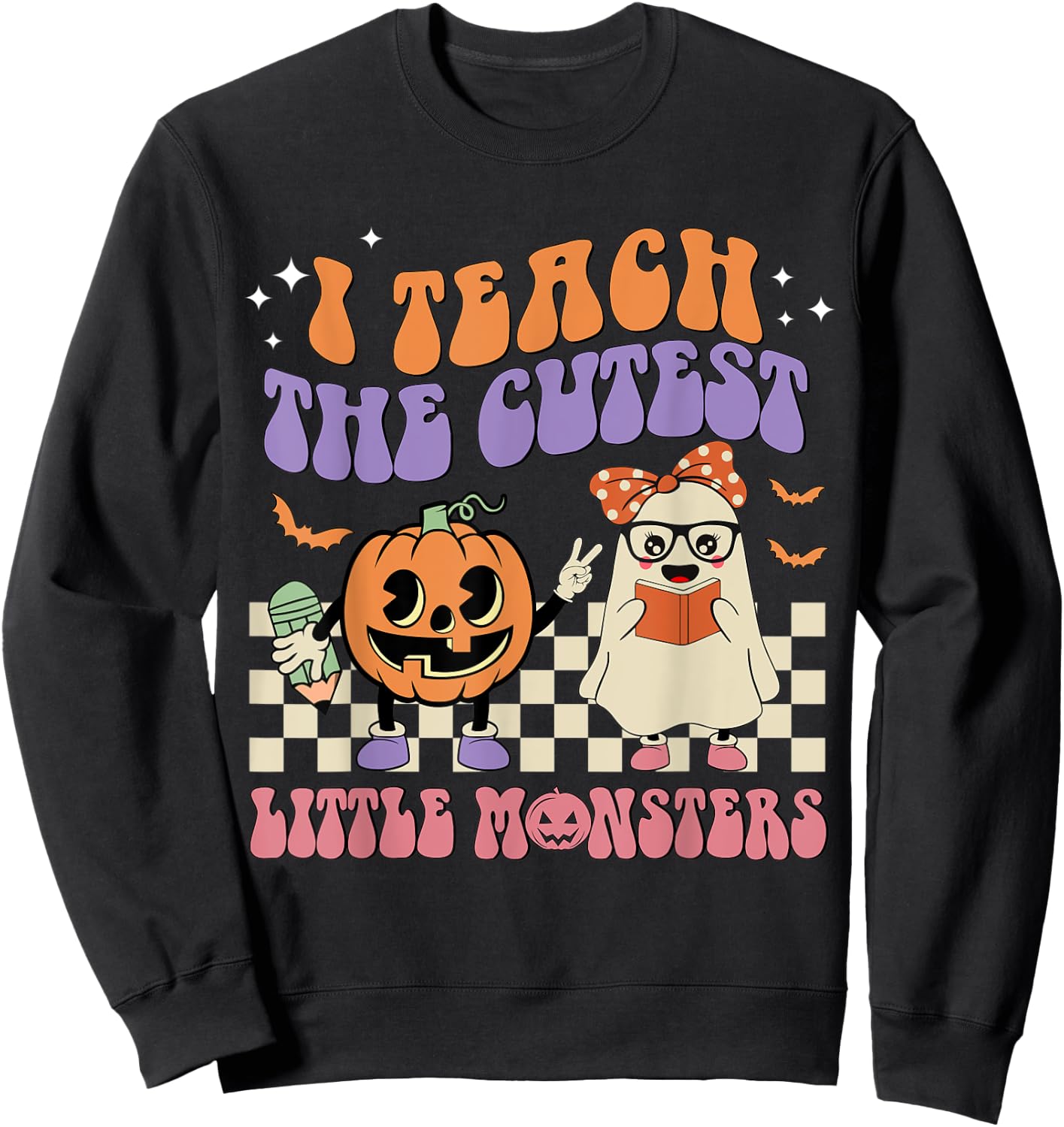I Teach The Cutest Little Monster Retro Teacher Halloween Sweatshirt - Sweatshirt | Black