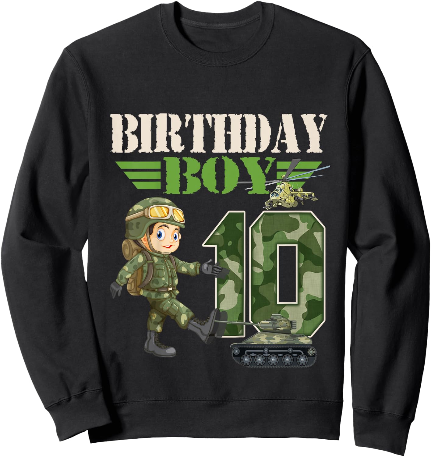 Kids 10th Birthday Military Themed Camo Boys 10 Yrs Old Soldier Sweatshirt - Sweatshirt | Black