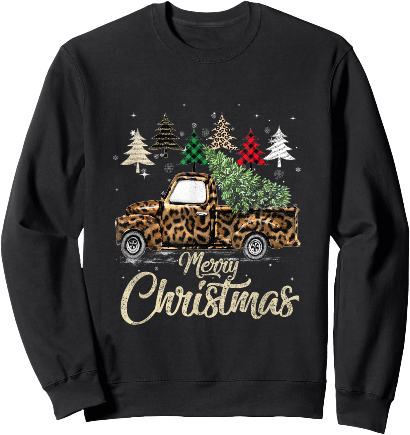 Green Buffalo Plaid Christmas Tree Leopard Covered Red Truck Sweatshirt - Sweatshirt | Black