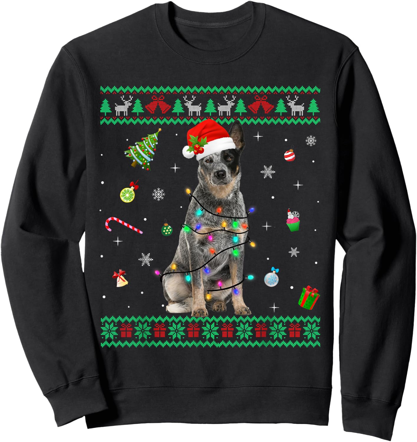 Ugly Sweater Australian Cattle Dog Christmas Light Santa Hat Sweatshirt - Sweatshirt | Black