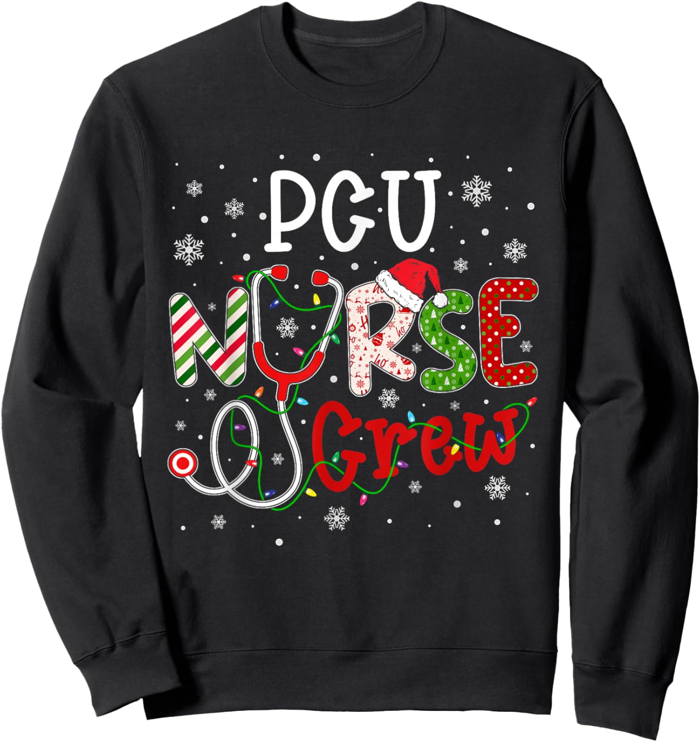 PCU Christmas Nurse Crew Funny Nursing Christmas Pattern Sweatshirt - Sweatshirt | Black
