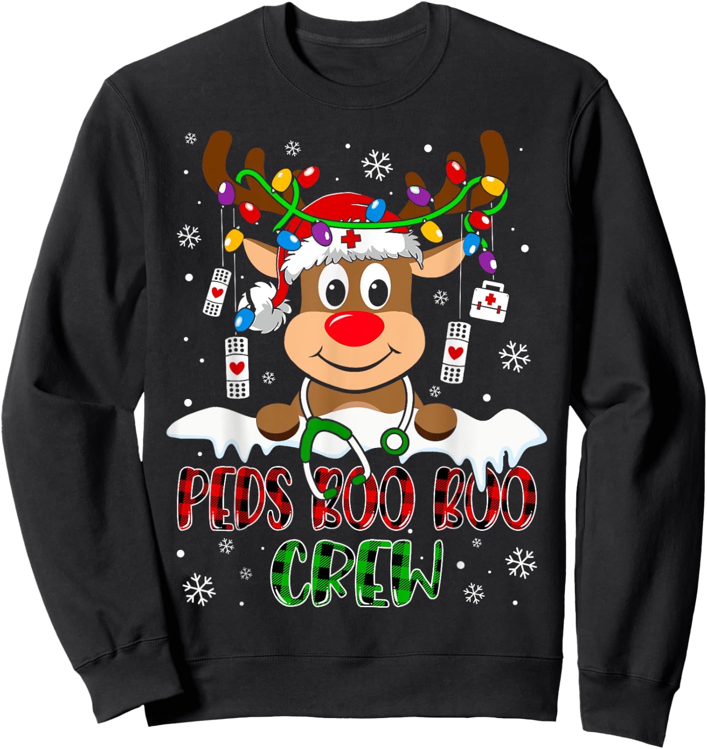 Peds Nurse Boo Crew Reindeer Nurse Buffalo Plaid Christmas Sweatshirt - Sweatshirt | Black