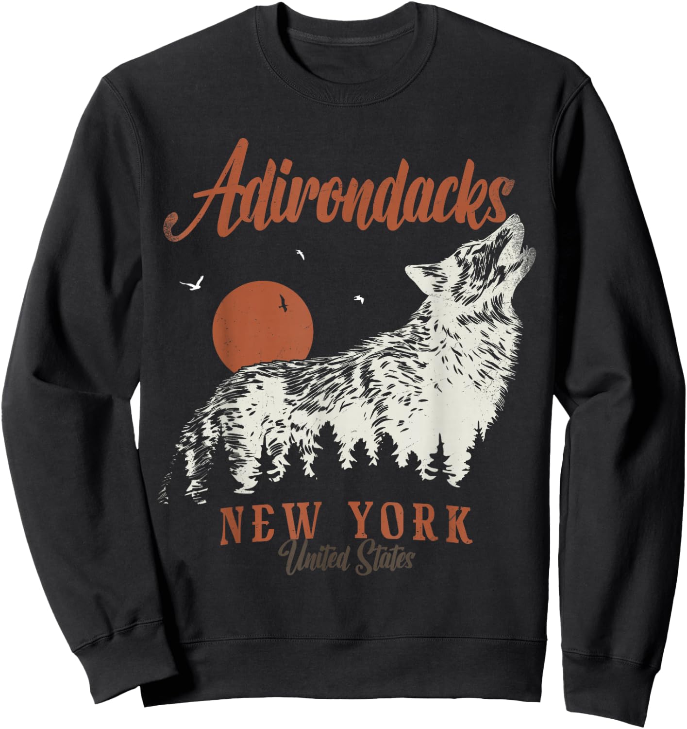 Vintage Adirondacks Mountains New York Forest Wolf Sweatshirt - Sweatshirt | Black