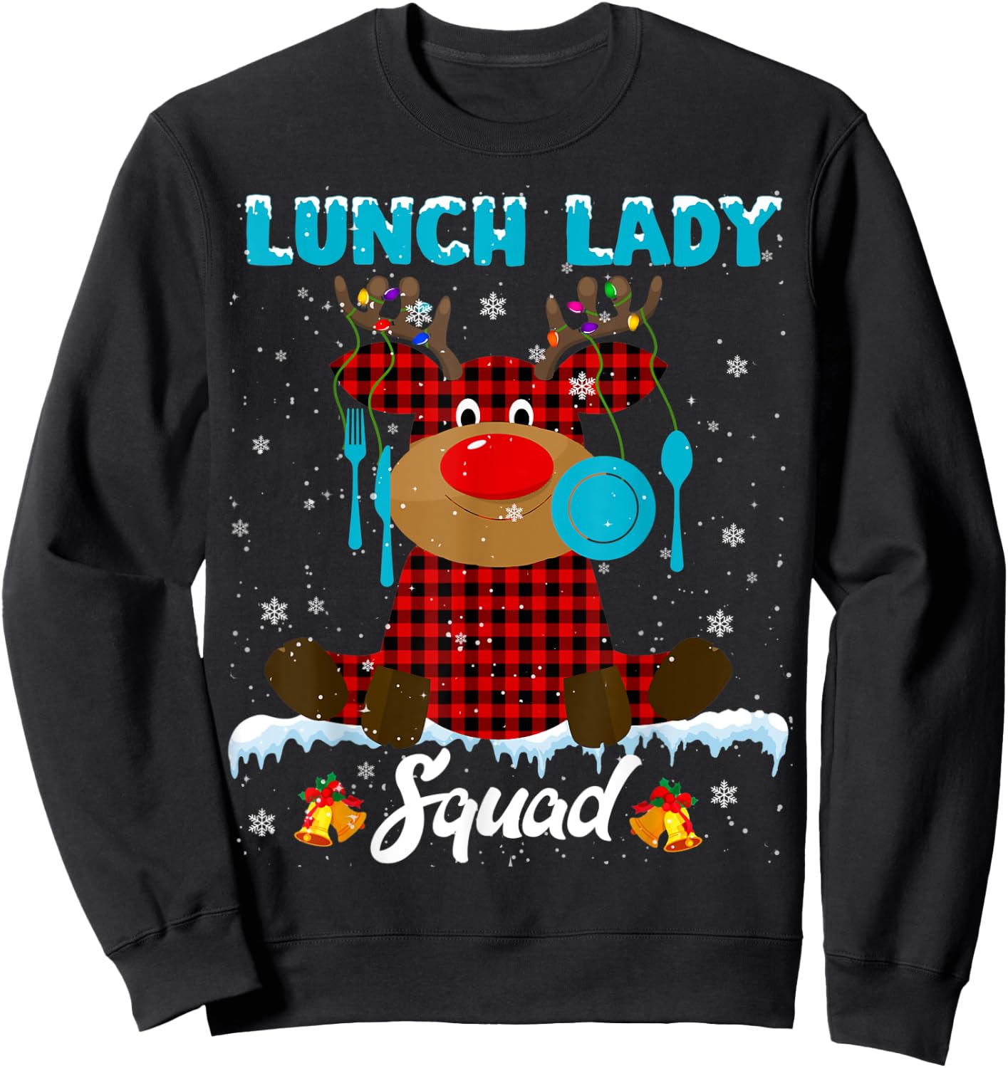 Lunch Lady Squad Xmas Lights Red Plaid Reindeer Lunch Lady Sweatshirt - Sweatshirt | Black