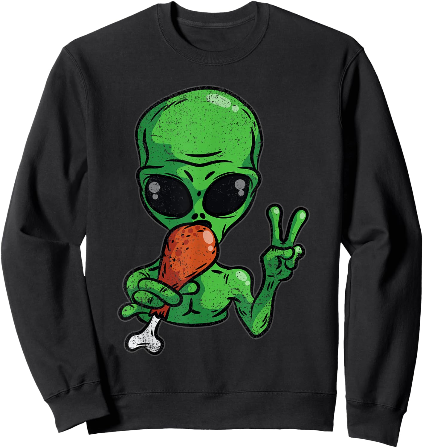 Alien Eating Turkey Thanksgiving Day Funny UFO Fall Autumn Sweatshirt - Sweatshirt | Black