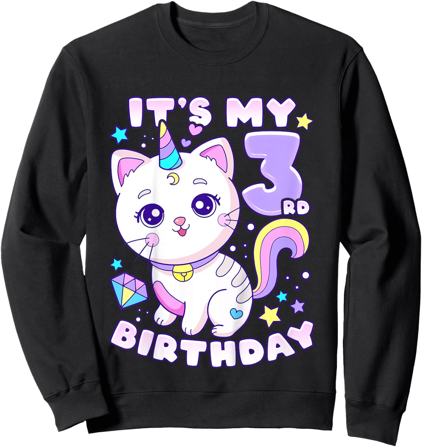 Birthday girl 3 years old, cat, unicorn, 3rd birthday Sweatshirt - Sweatshirt | Black