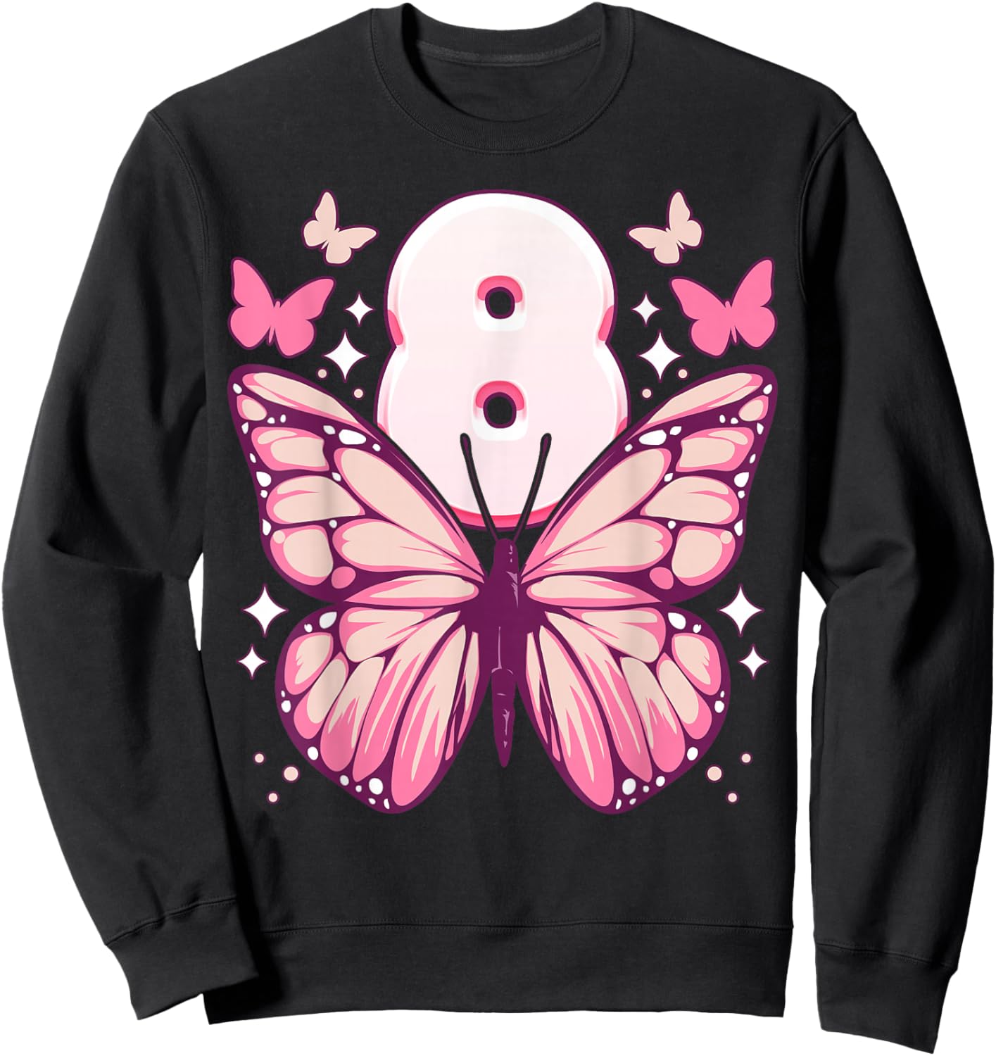 Birthday Girl 8 Years, Butterflies and Number 8 Sweatshirt - Sweatshirt | Black