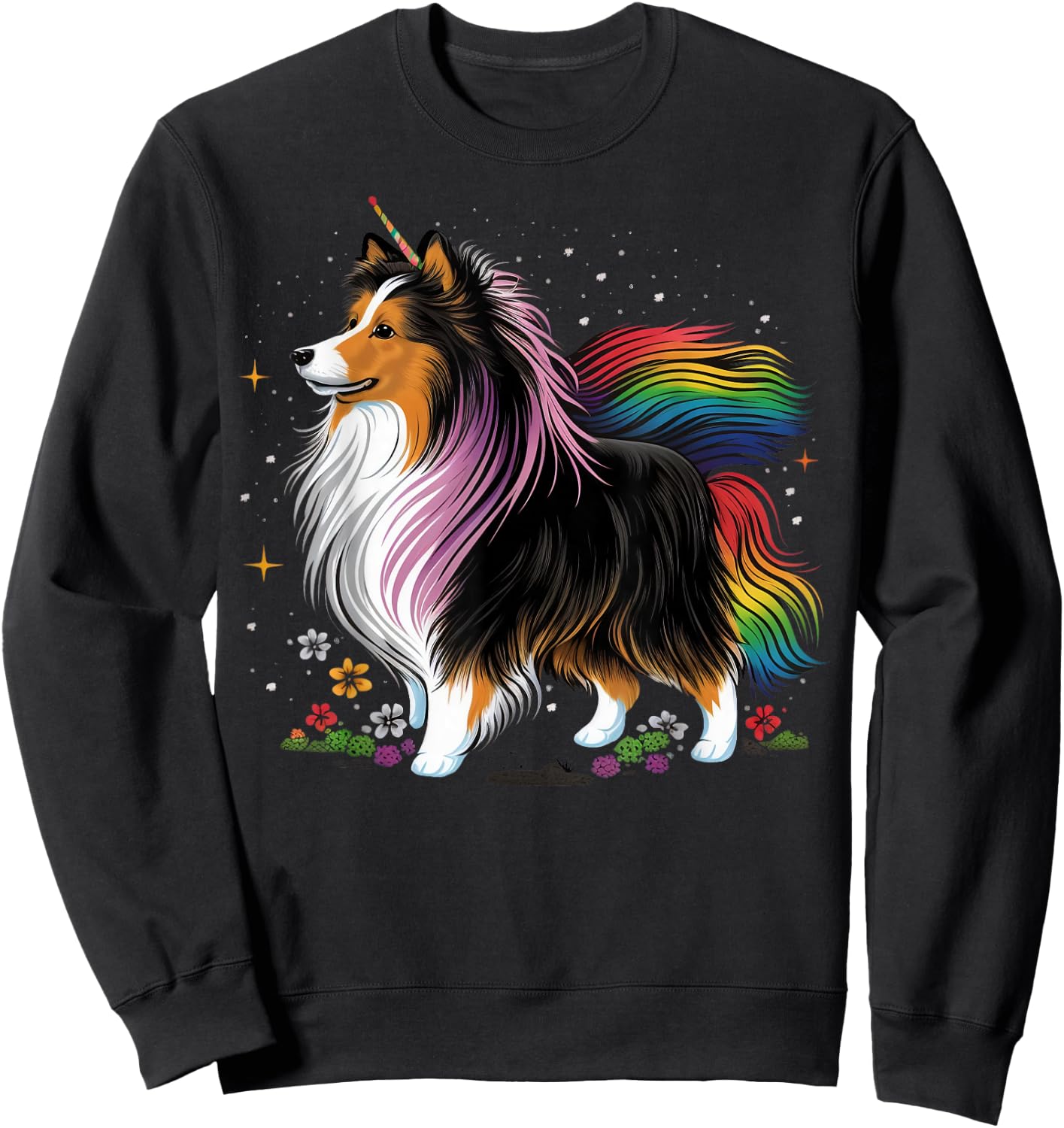 Sheltie Unicorn on Rainbow Unicorn Shetland Sheepdog Sweatshirt - Sweatshirt | Black
