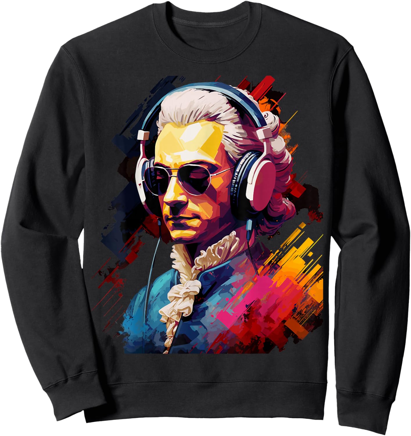 Colorful Mozart With Headphones - Classic Music Themed Sweatshirt - Sweatshirt | Black