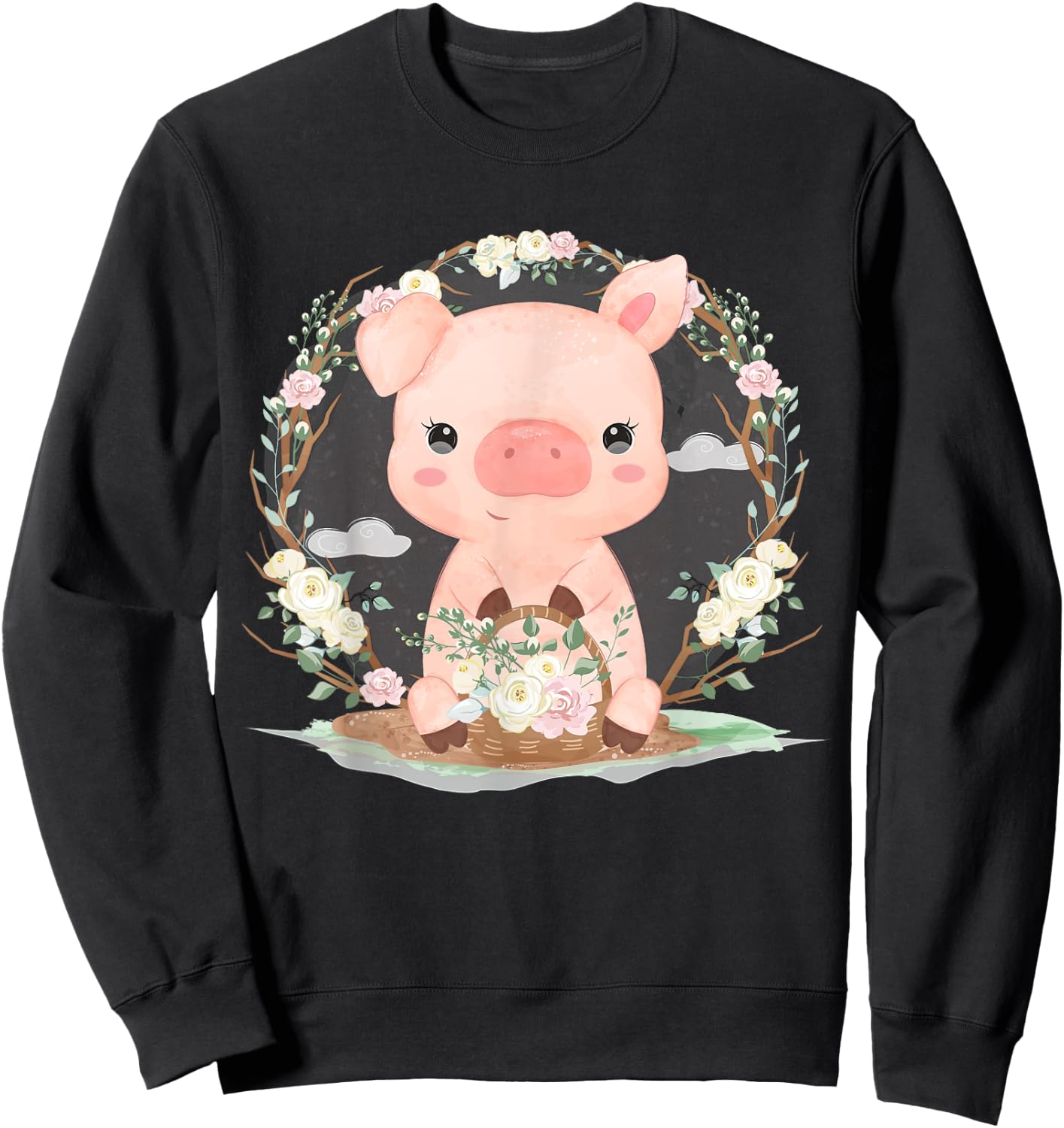 Adorable Little Pig With Flowers Sweatshirt - Sweatshirt | Black