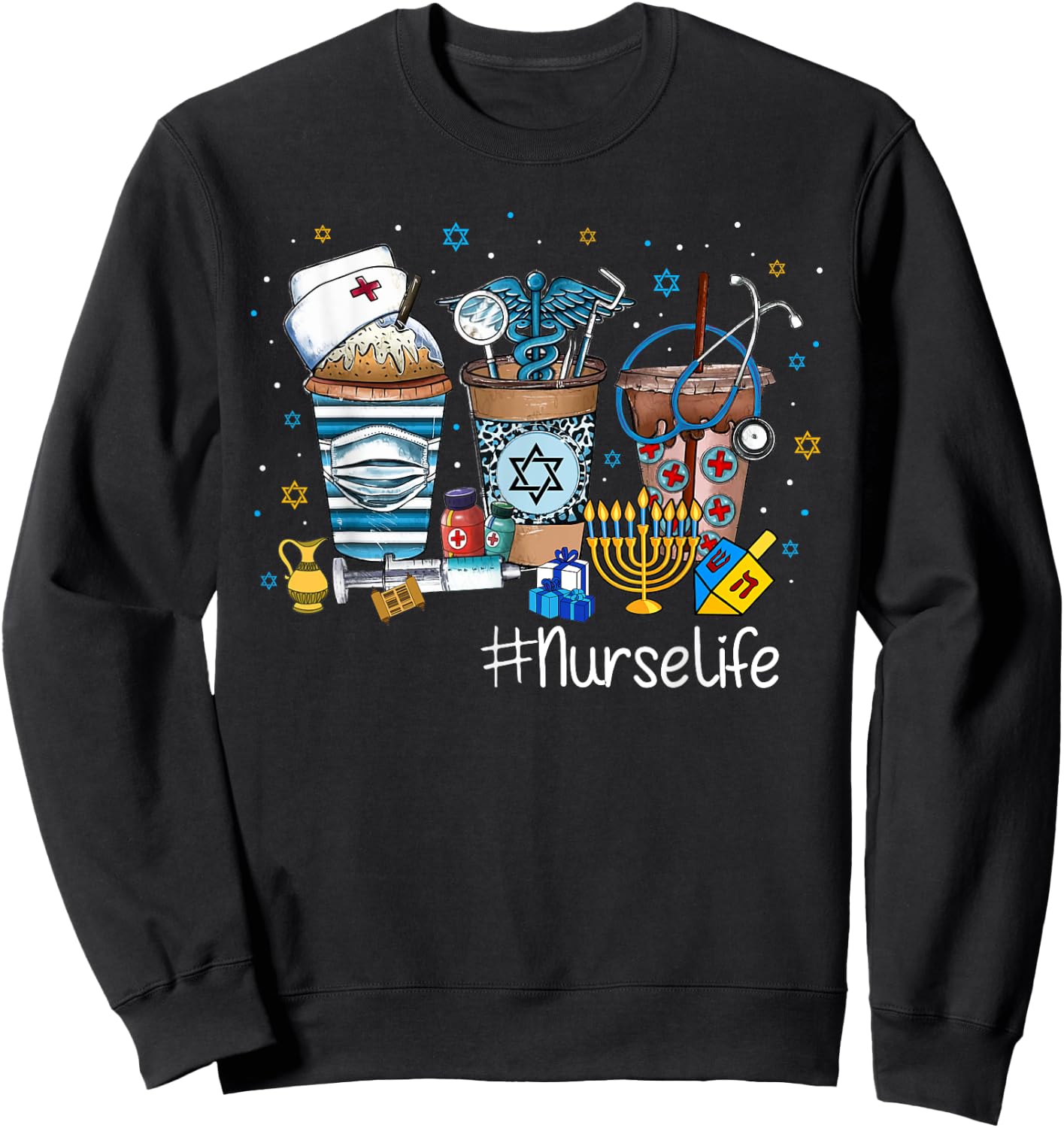 Happy Hanukkah Coffee Latte School Nurse Jewish Chanukah Sweatshirt - Sweatshirt | Black