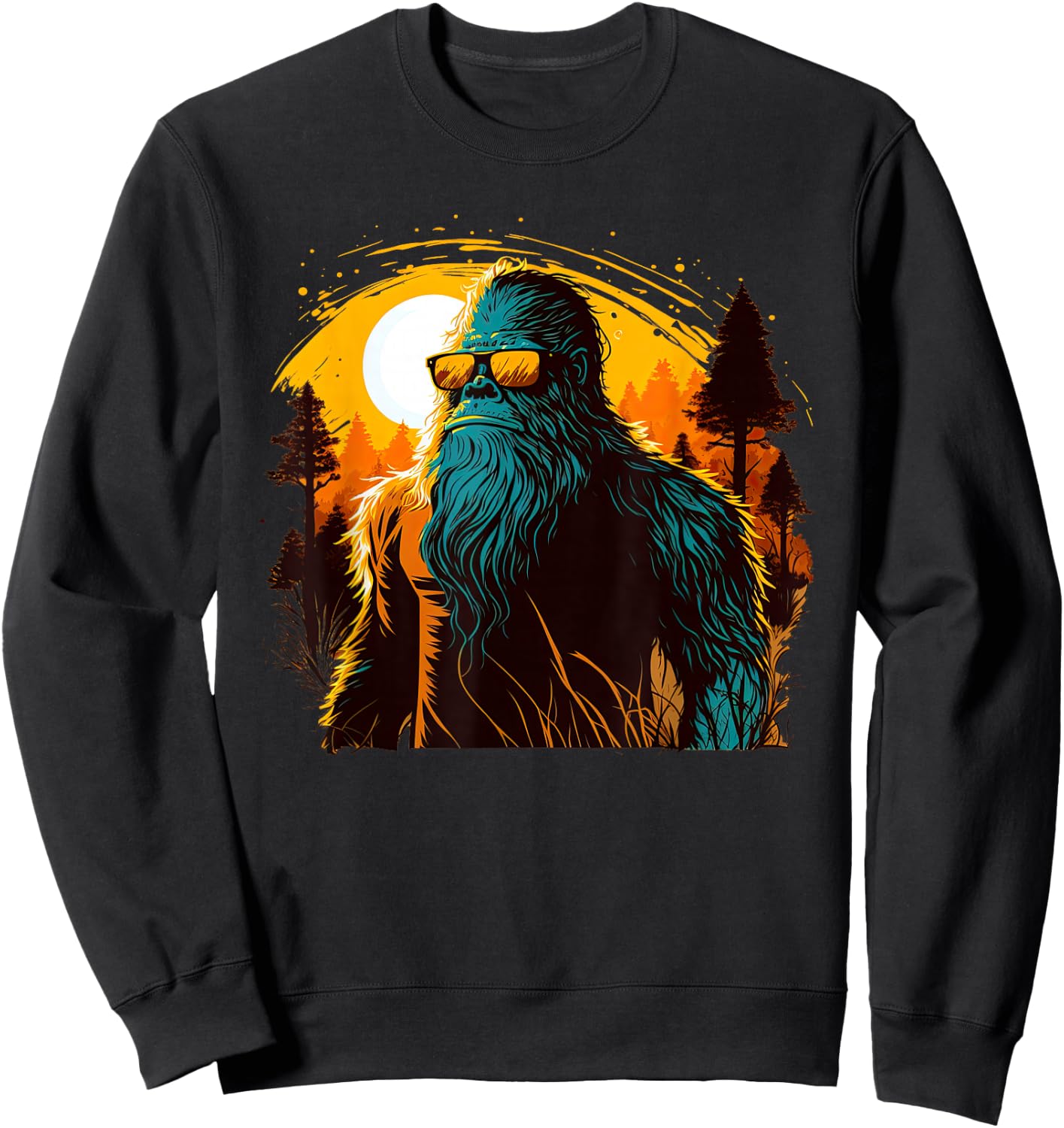 Cool Bigfoot Sasquatch Sunset Forest Retro Cryptid yeti Sweatshirt - Sweatshirt | Black