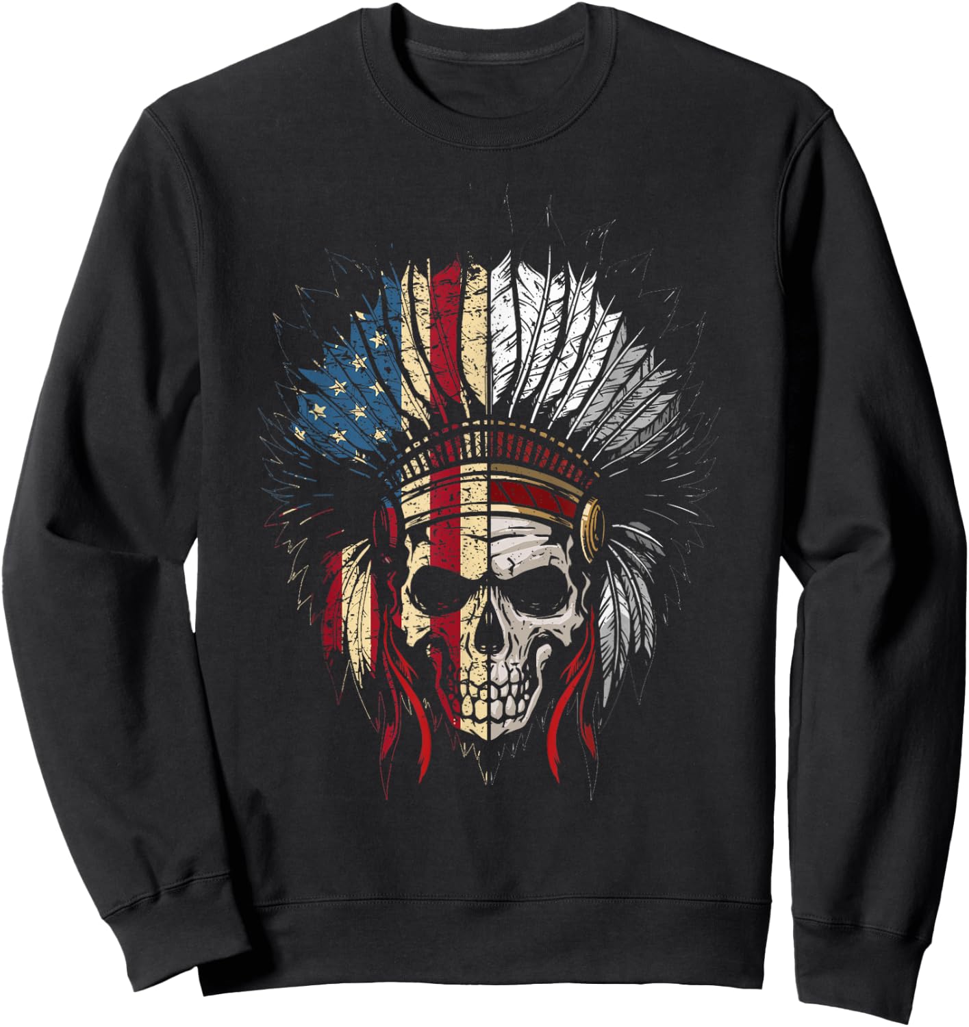 American Native Headdress USA Flag Indian Skull Women Men Sweatshirt - Sweatshirt | Black