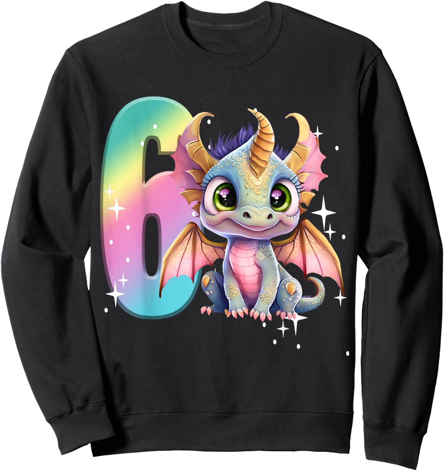 6th Birthday Shirt Dragon Party Rainbow Girl Dragon Cute Six Sweatshirt - Sweatshirt | Black