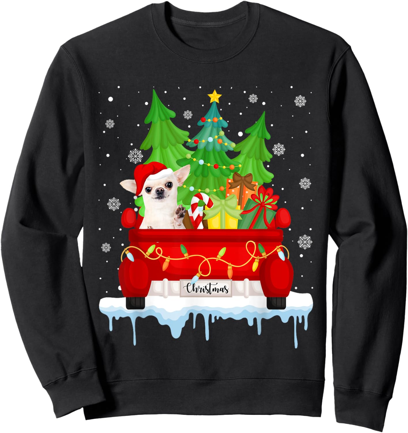 Red Truck Merry Christmas Tree Xmas Chihuahua Dog Sweatshirt - Sweatshirt | Black