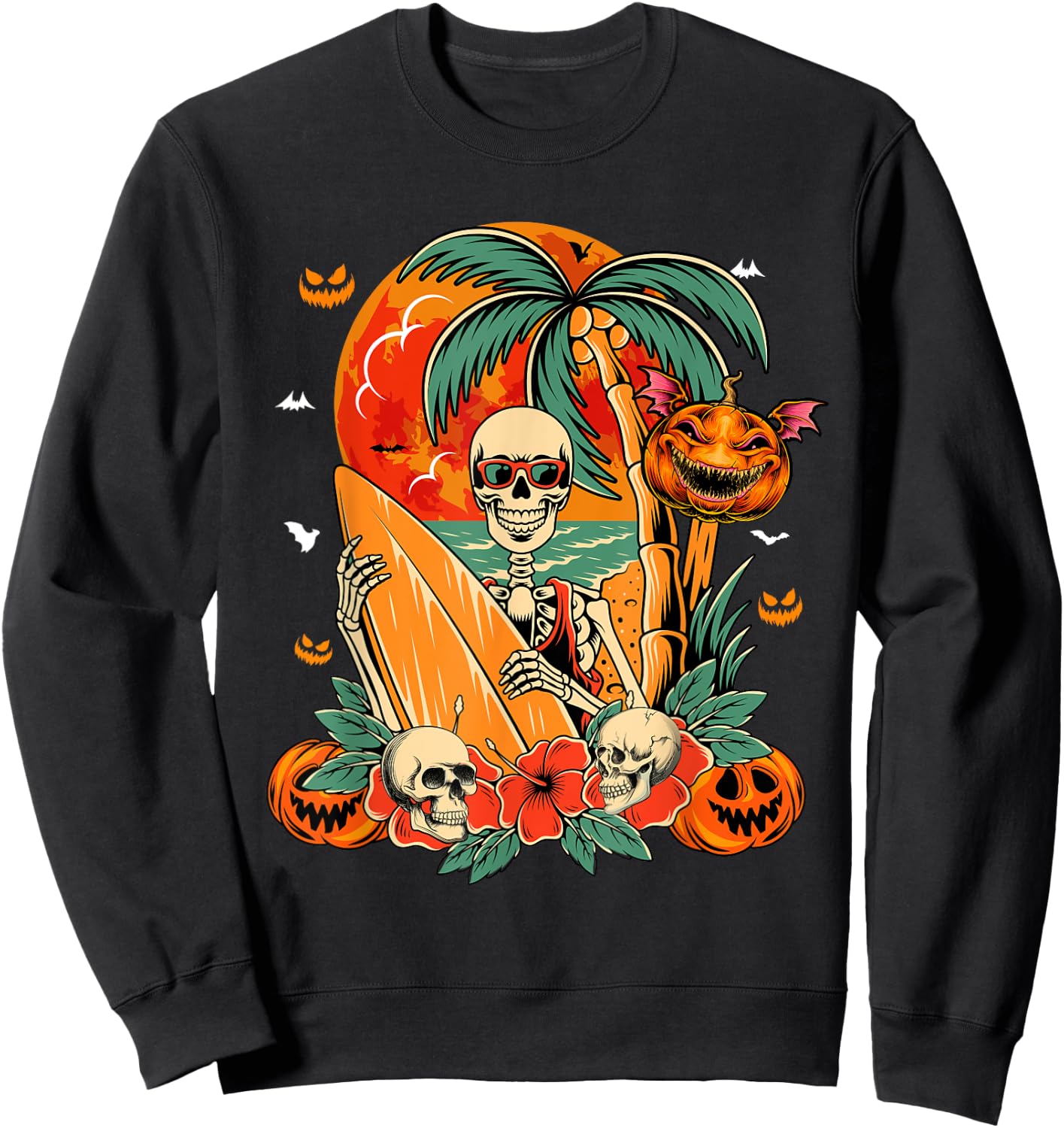Skeleton Surfer Halloween Hawaiian Floral Carved Pumpkins Sweatshirt - Sweatshirt | Black