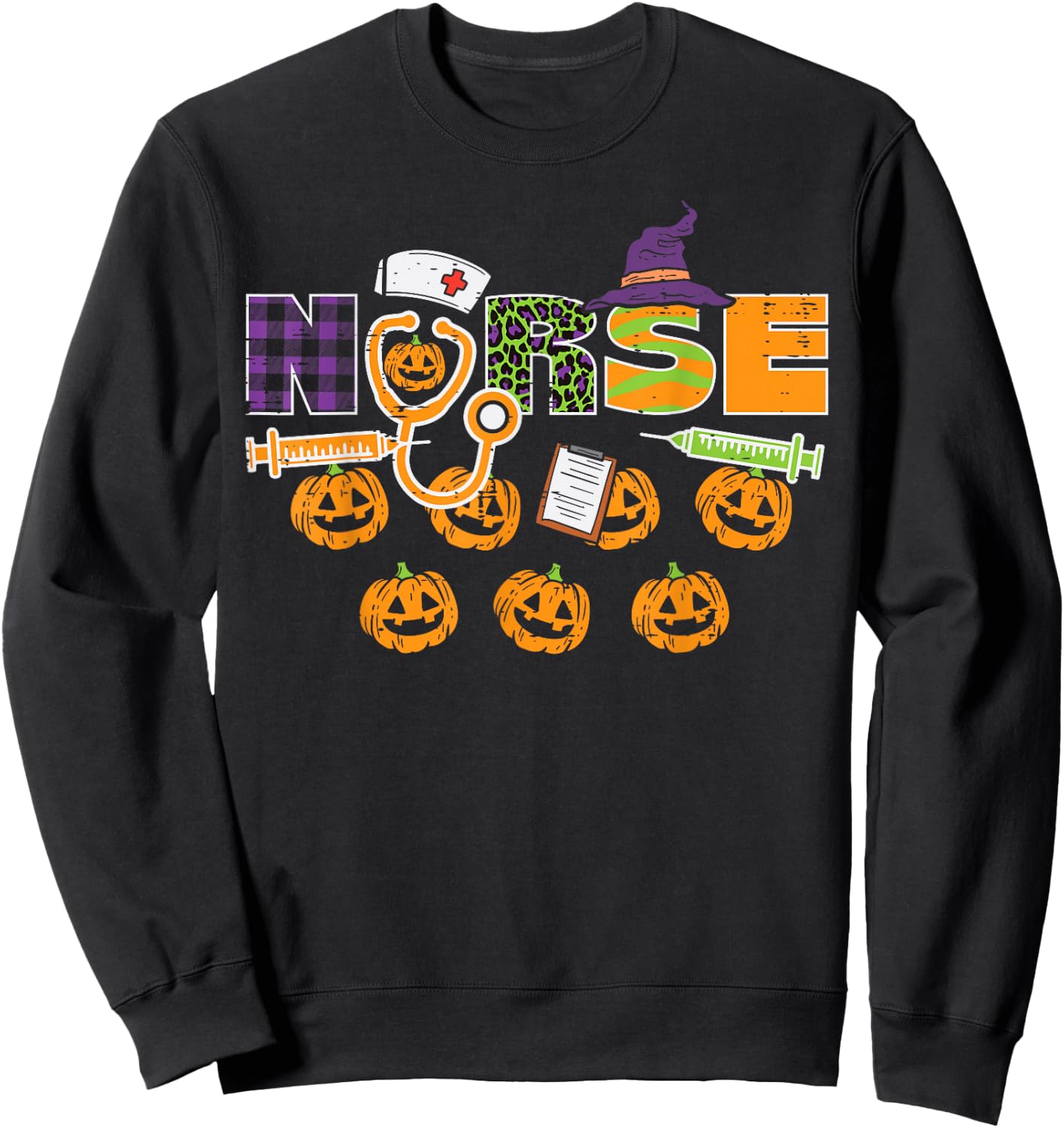 Leopard Plaid Nurse Halloween Cute Costume Nursing Men Women Sweatshirt - Sweatshirt | Black