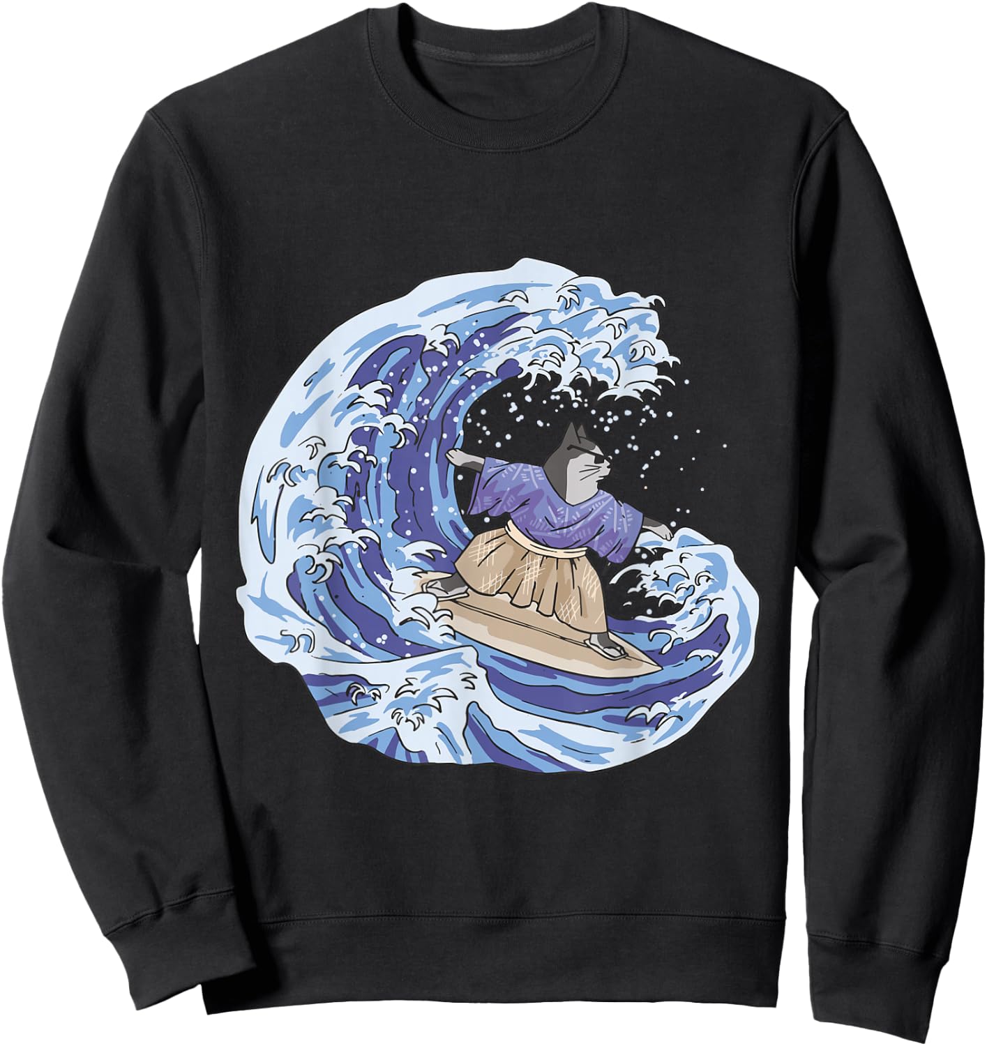 Surfing Japan Samurai Cat Vintage Surf Board Sweatshirt - Sweatshirt | Black