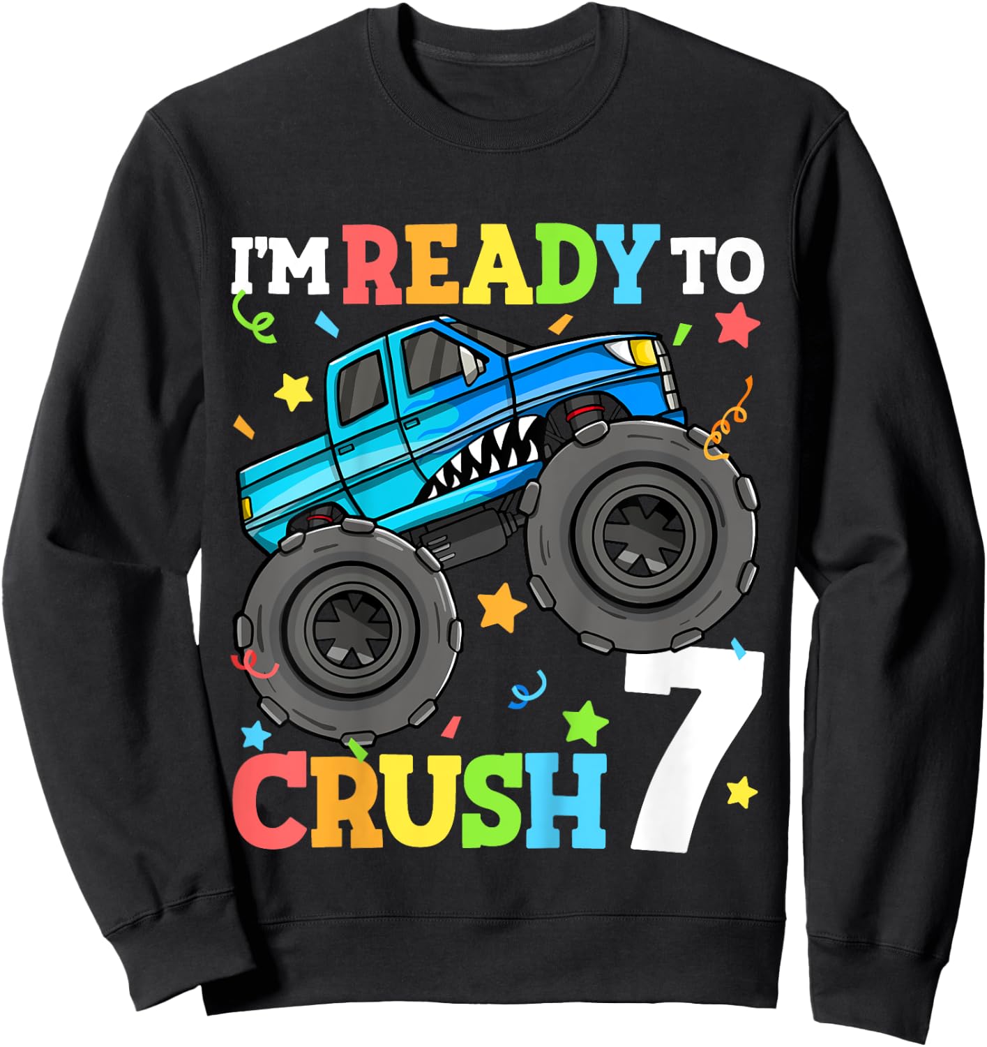 Kids Monster Truck Shark 7th Birthday Boy 7 Seven Year Old Sweatshirt - Sweatshirt | Black