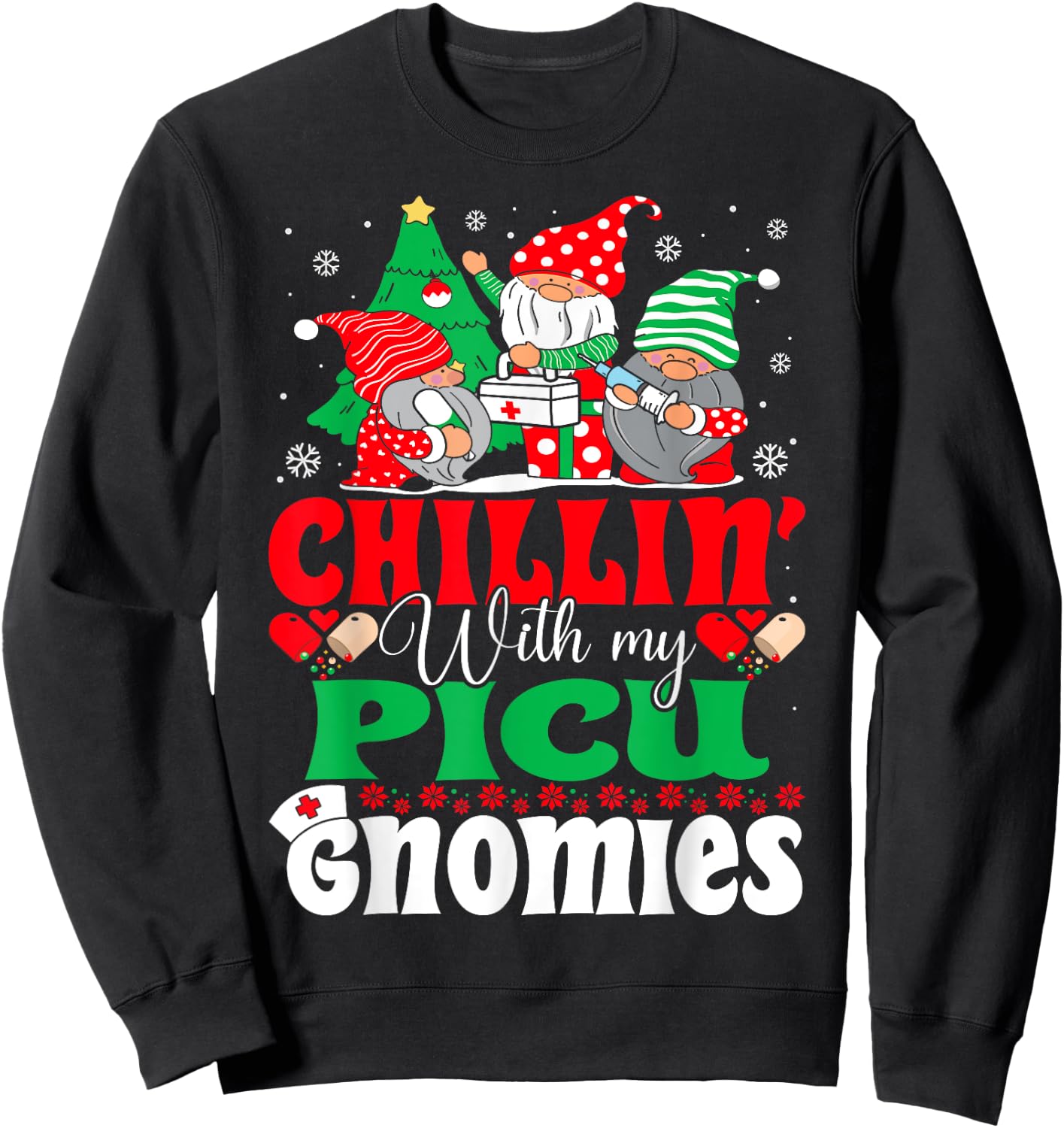PICU Nurse Gnomes Pediatric Intensive Care Nurse Christmas Sweatshirt - Sweatshirt | Black