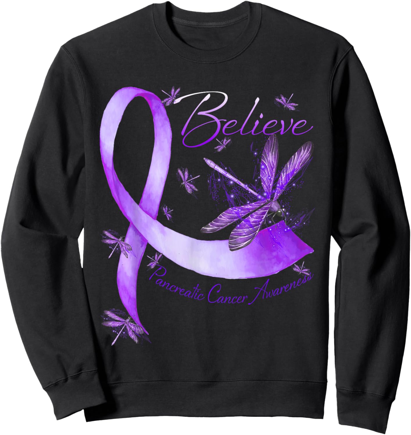 Believe Pancreatic Cancer Awareness Dragonfly Purple Ribbon Sweatshirt - Sweatshirt | Black