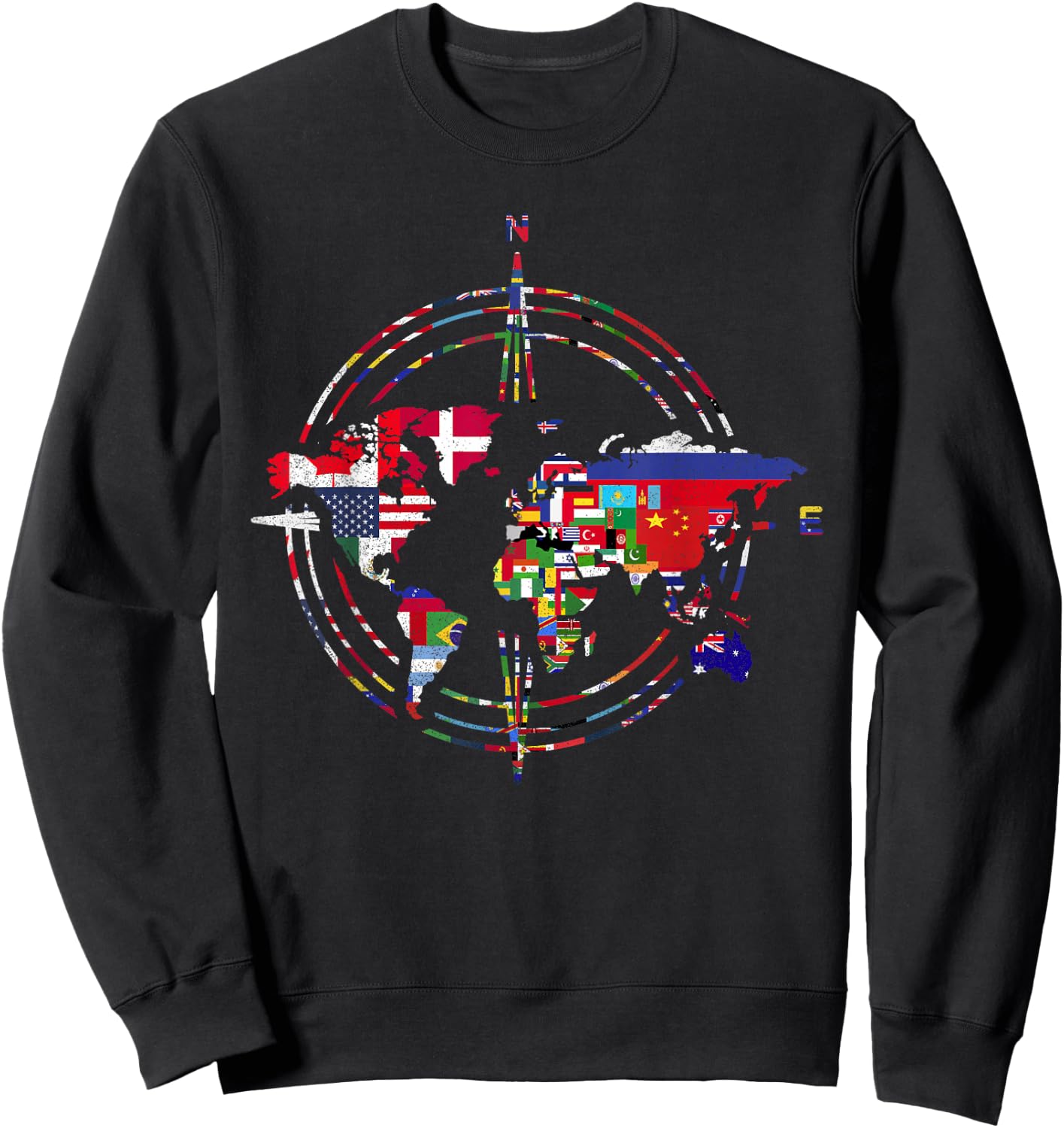 International Flags Compass World Travel World Map Sweatshirt - Sweatshirt | Black