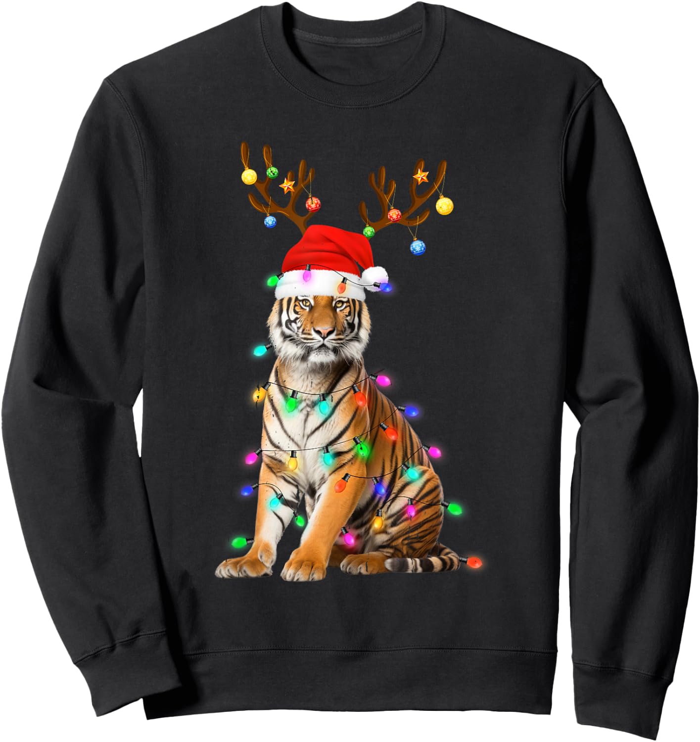 Santa Hat Funny Tiger Tree Xmas Light Animal Christmas Sweatshirt - Sweatshirt | Black