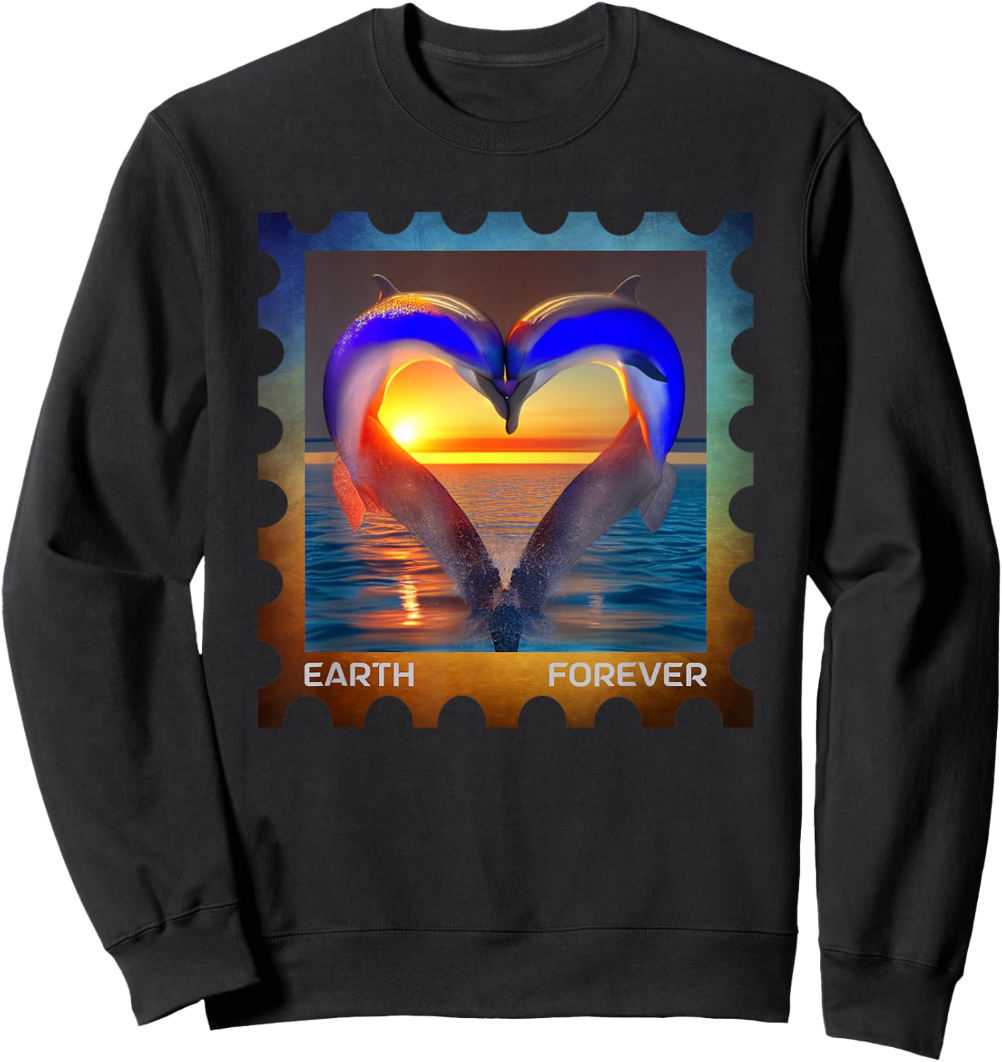 EARTH FOREVER Postage Stamp Ocean Sunset Heart Cute Dolphins Sweatshirt - Sweatshirt | Black