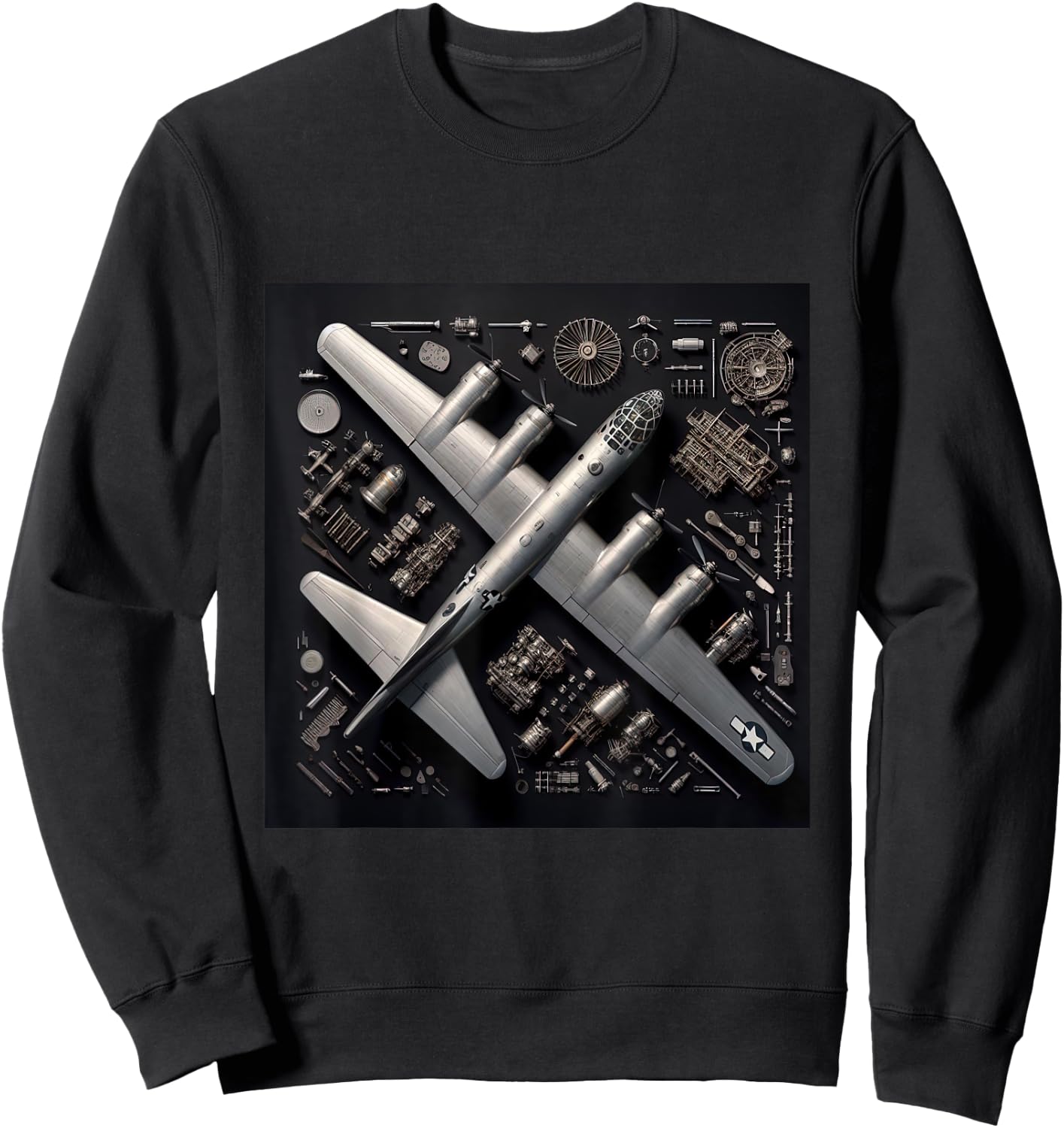 WW2 Warplane B-29 Superfortress Assembly Parts Blueprint Sweatshirt - Sweatshirt | Black
