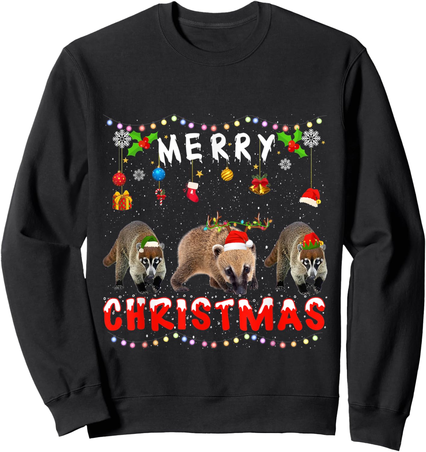 Merry Christmas Coati Xmas Funny Animals Pajama Sweatshirt - Sweatshirt | Black