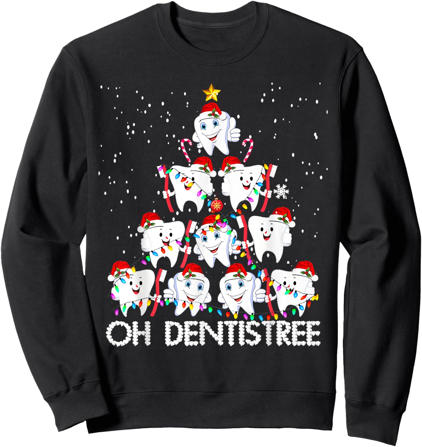 Oh Dentistree Toothbrush Teeth Xmas Lights Tree Christmas Sweatshirt - Sweatshirt | Black
