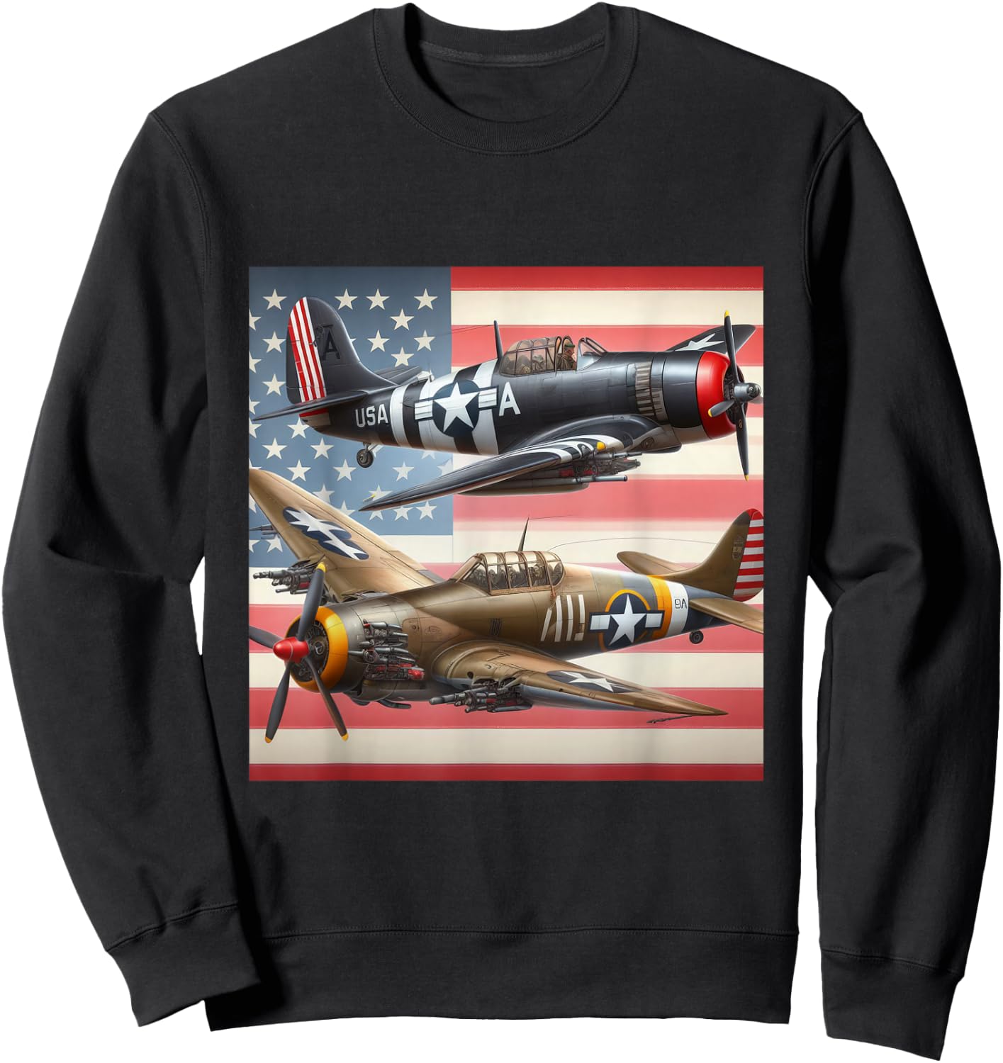 WW2 Airplanes American US Flag Sweatshirt - Sweatshirt | Black