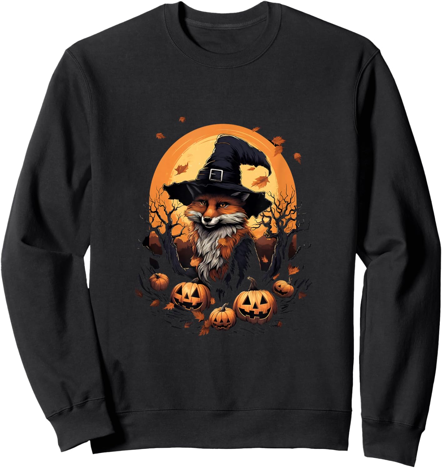 Fox Witch Hat Pumpkins Halloween Costume Sweatshirt - Sweatshirt | Black