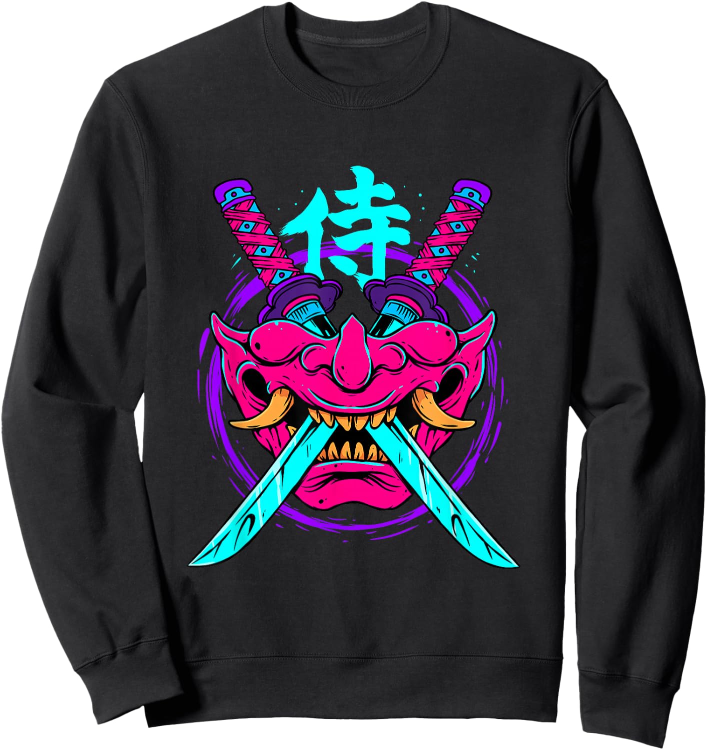 Vaporwave Aesthetic Japanese Samurai Mask Oni Kanji Bushido Sweatshirt - Sweatshirt | Black