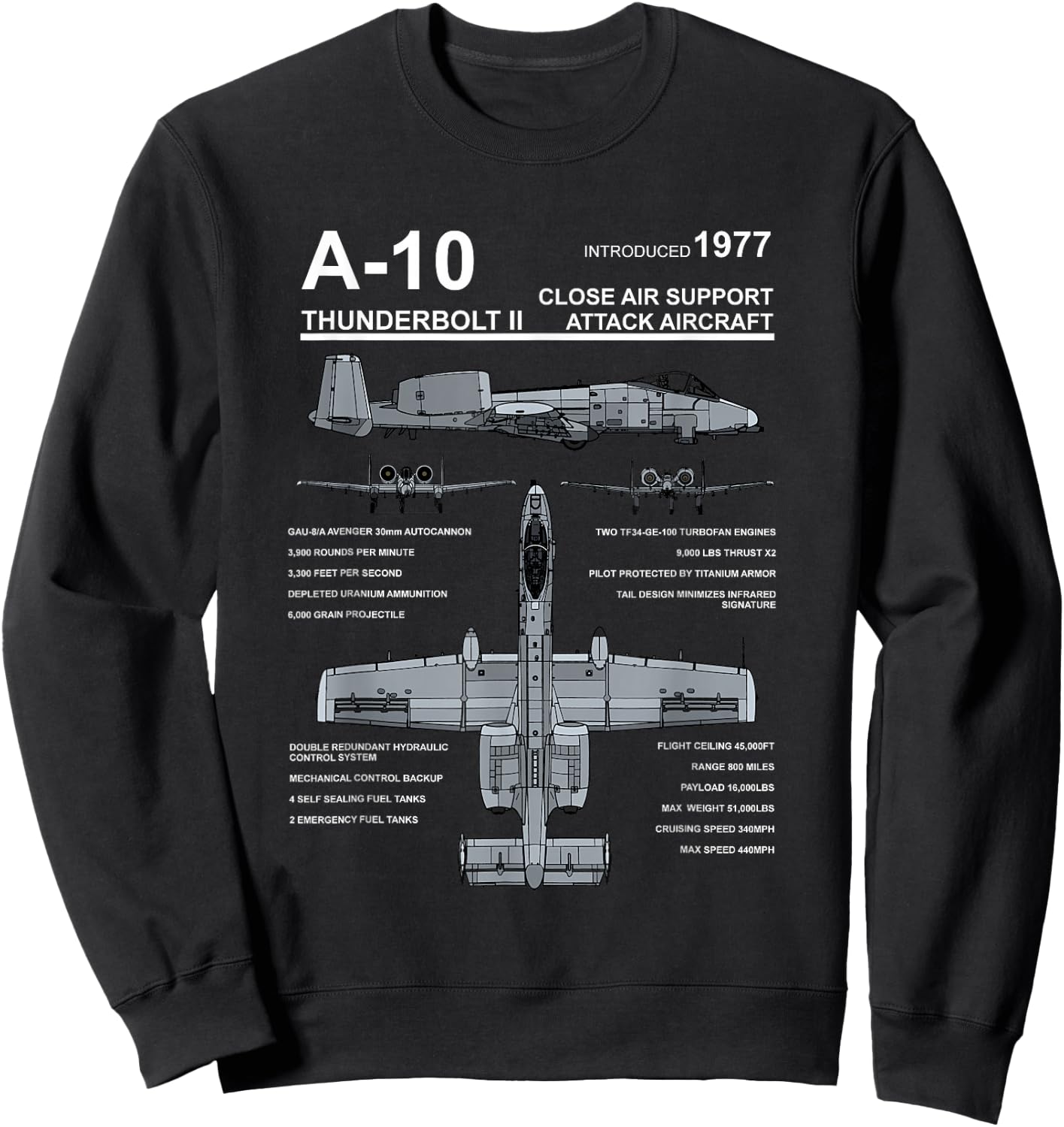 A-10 Thunderbolt II Warthog Military Jet Spec Diagram Sweatshirt - Sweatshirt | Black