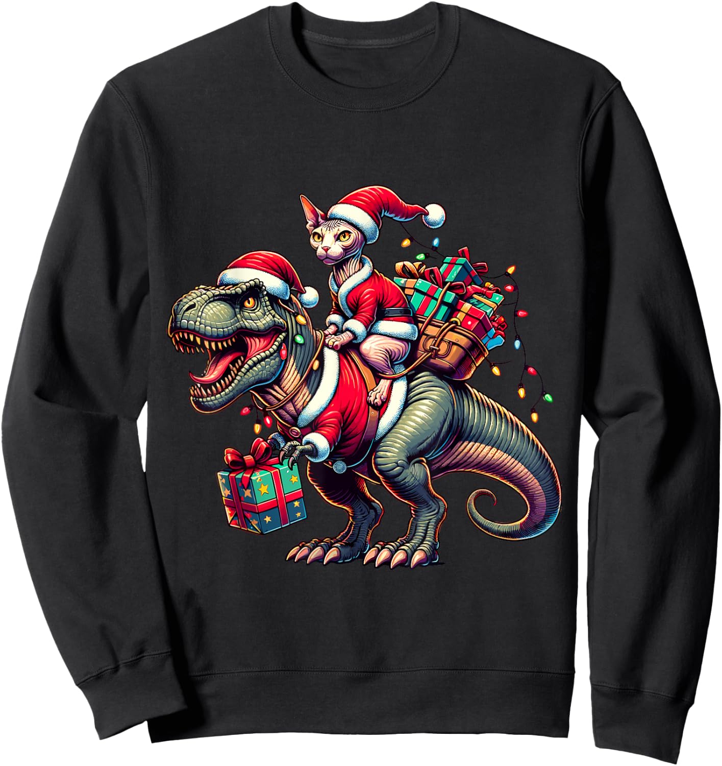 Adorable Sphynx Cat Rides Christmas T-Rex Santa for Sphynx Sweatshirt - Sweatshirt | Black