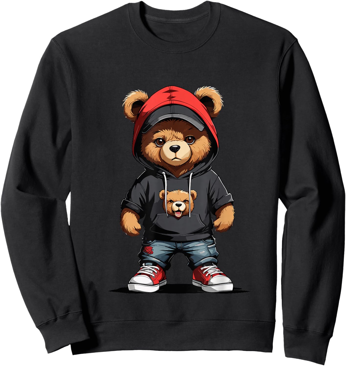 Teddy Bear Red Cap Gangster in Hip Hop Street Clothes Sweatshirt - Sweatshirt | Black