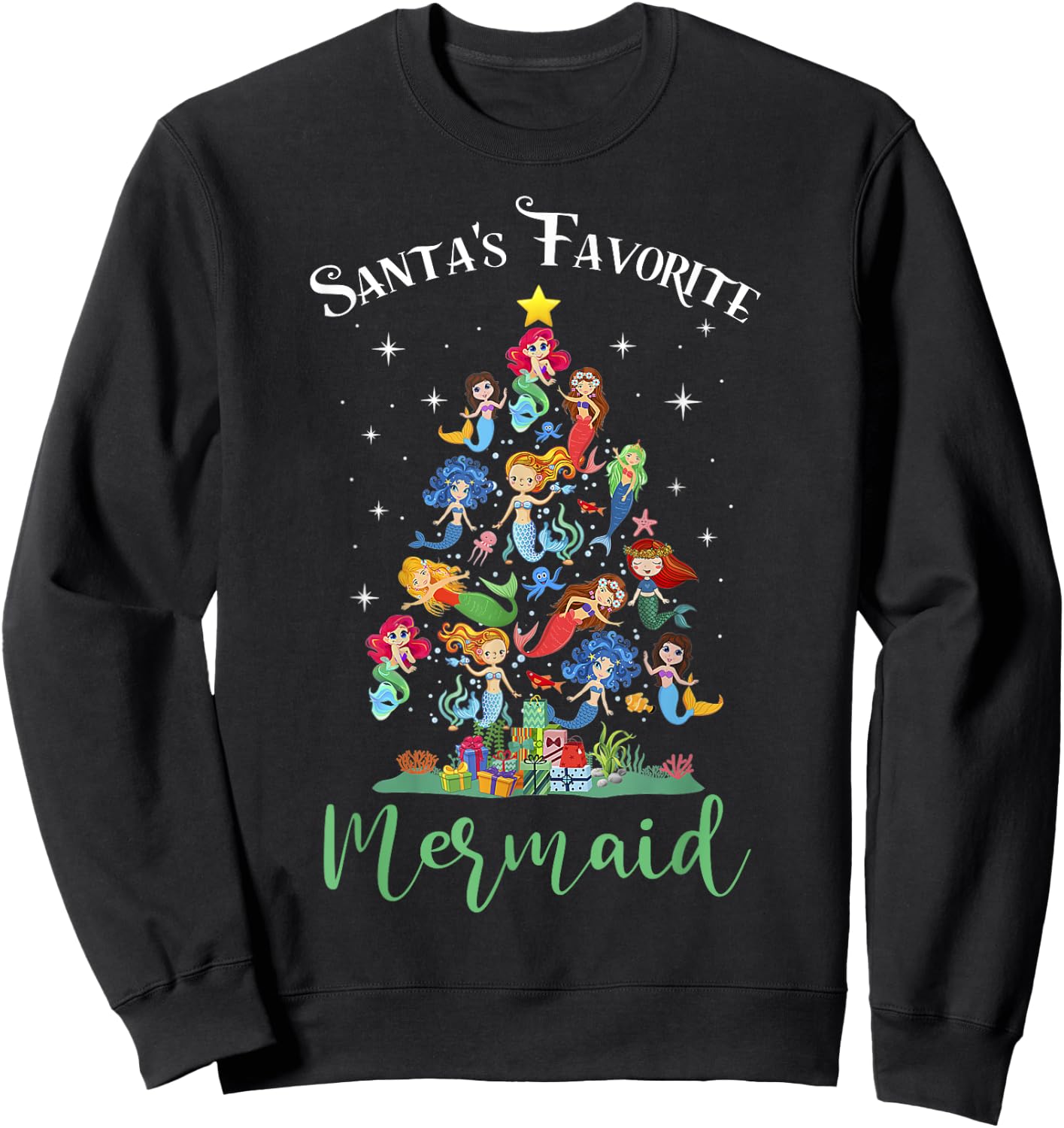 Santa's Favorite Mermaid Christmas Tree Matching Women Kids Sweatshirt - Sweatshirt | Black