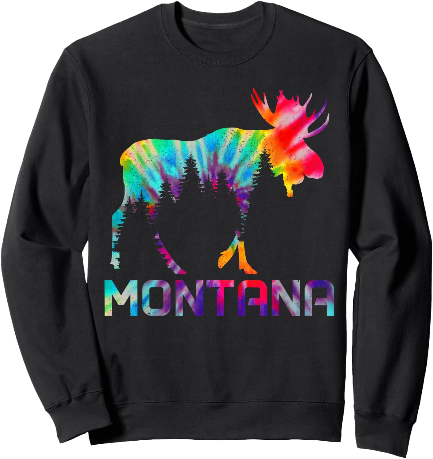 Montana PNW Vintage Tie Dye Souvenir Moose Sweatshirt - Sweatshirt | Black
