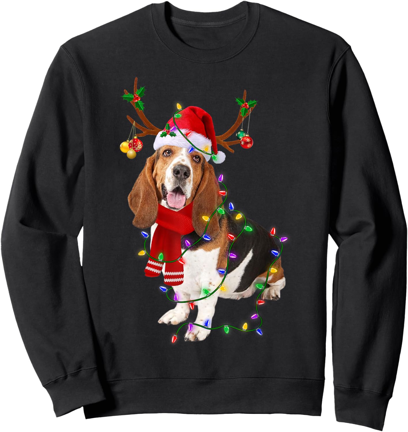 Funny Basset Hound Dog Tree Christmas Lights Xmas Pajama Men Women Kids Sweatshirt - Sweatshirt | Black