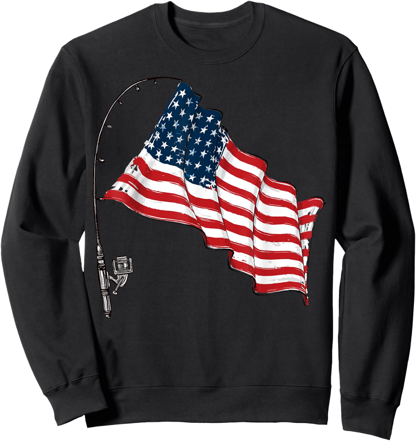Vintage American Flag Fishing Rod Fishing Lover Fisherman Sweatshirt - Sweatshirt | Black