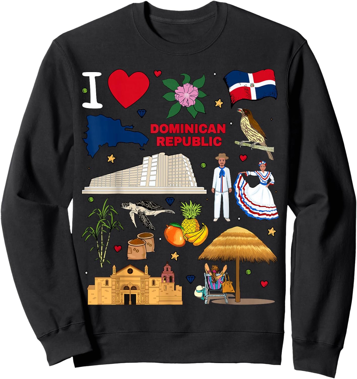 I Love Dominican Republic. Hand Drawn Landmarks, Flag, map Sweatshirt - Sweatshirt | Black