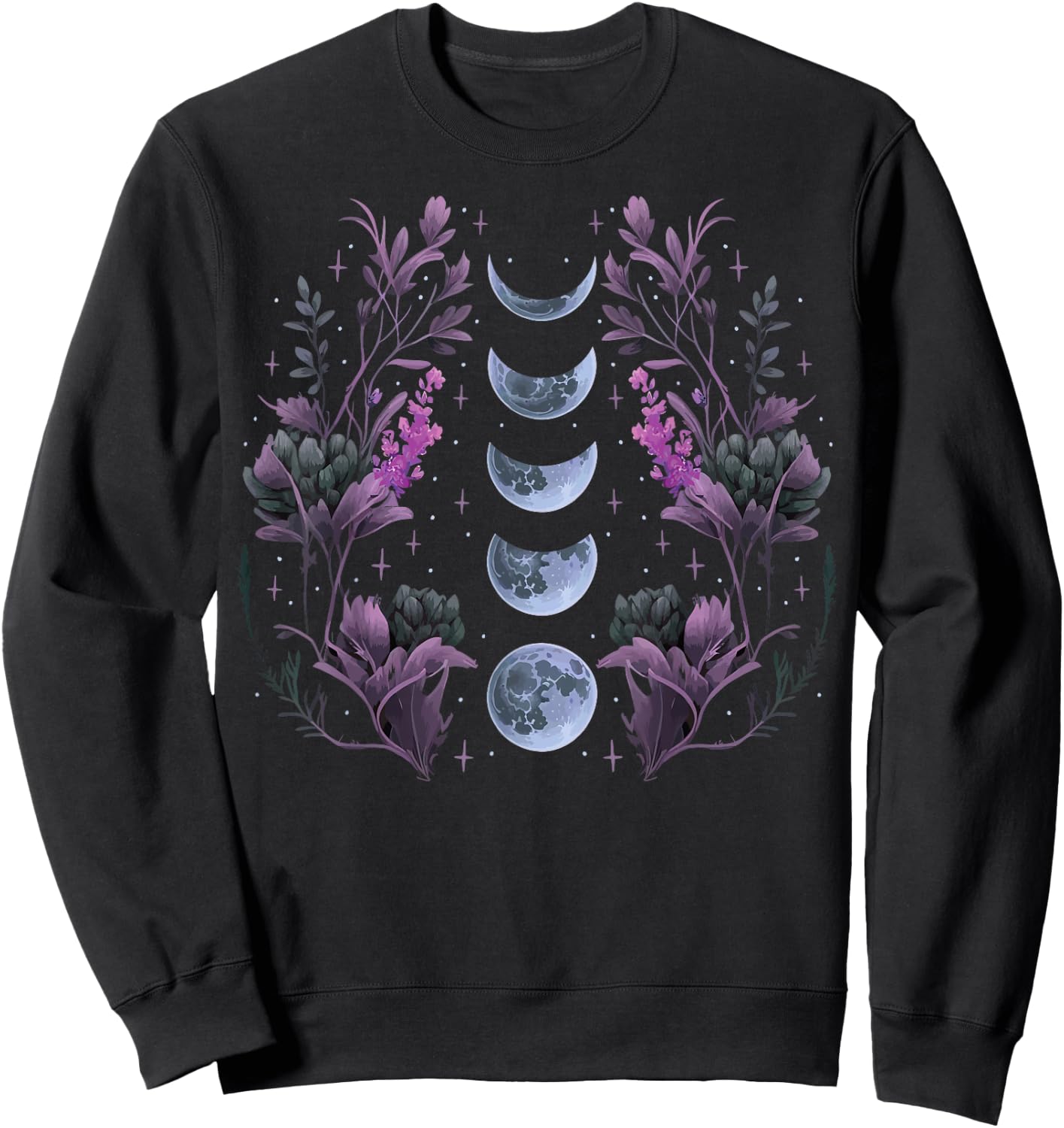 Celestial Moon Phase BOHO Wildflowers Zodiac Witchcore Sweatshirt - Sweatshirt | Black