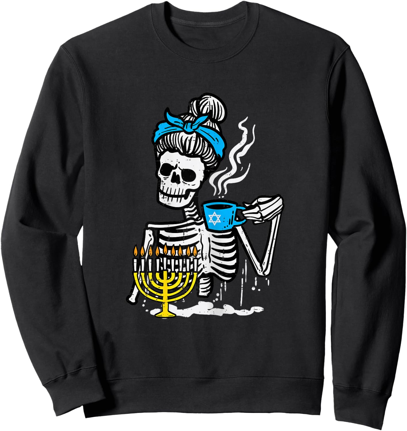 Hanukkah Skeleton Messy Bun Coffee Chanukah Women Girls Kids Sweatshirt - Sweatshirt | Black