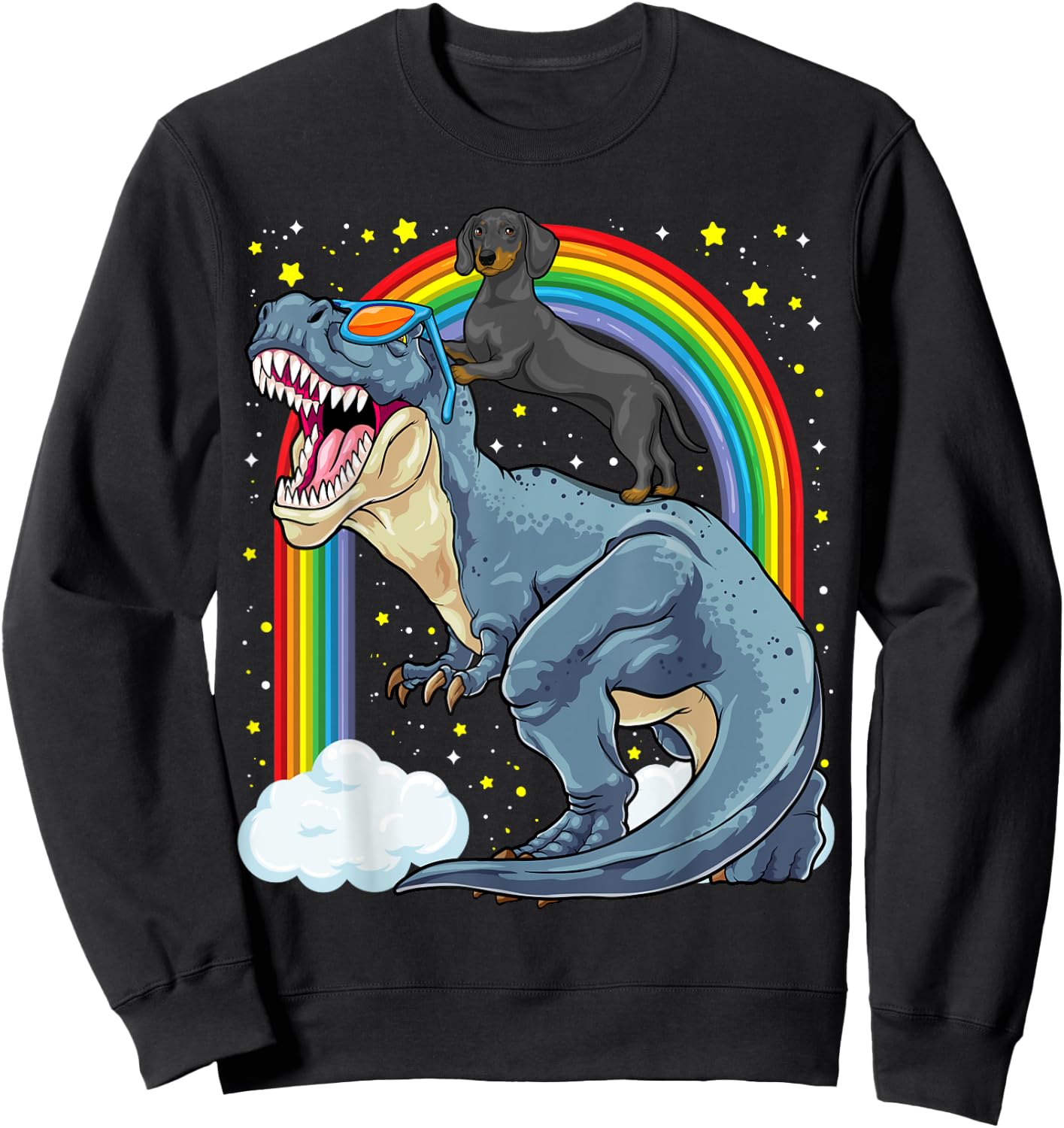 Dachshund Riding Dinosaur T-Rex Dog Rainbow Dino Funny Sweatshirt - Sweatshirt | Black