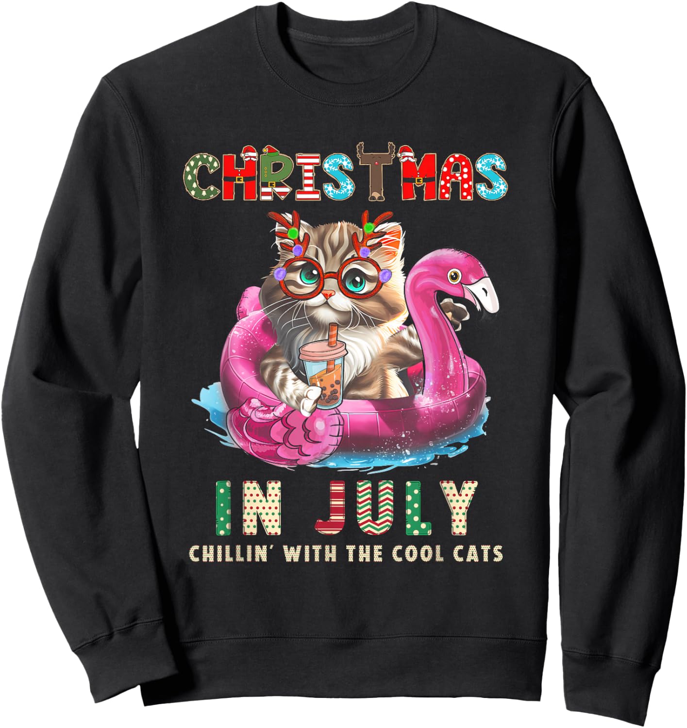 Christmas In July Chillin Cats Flamingo Float Meowy Xmas Sweatshirt - Sweatshirt | Black