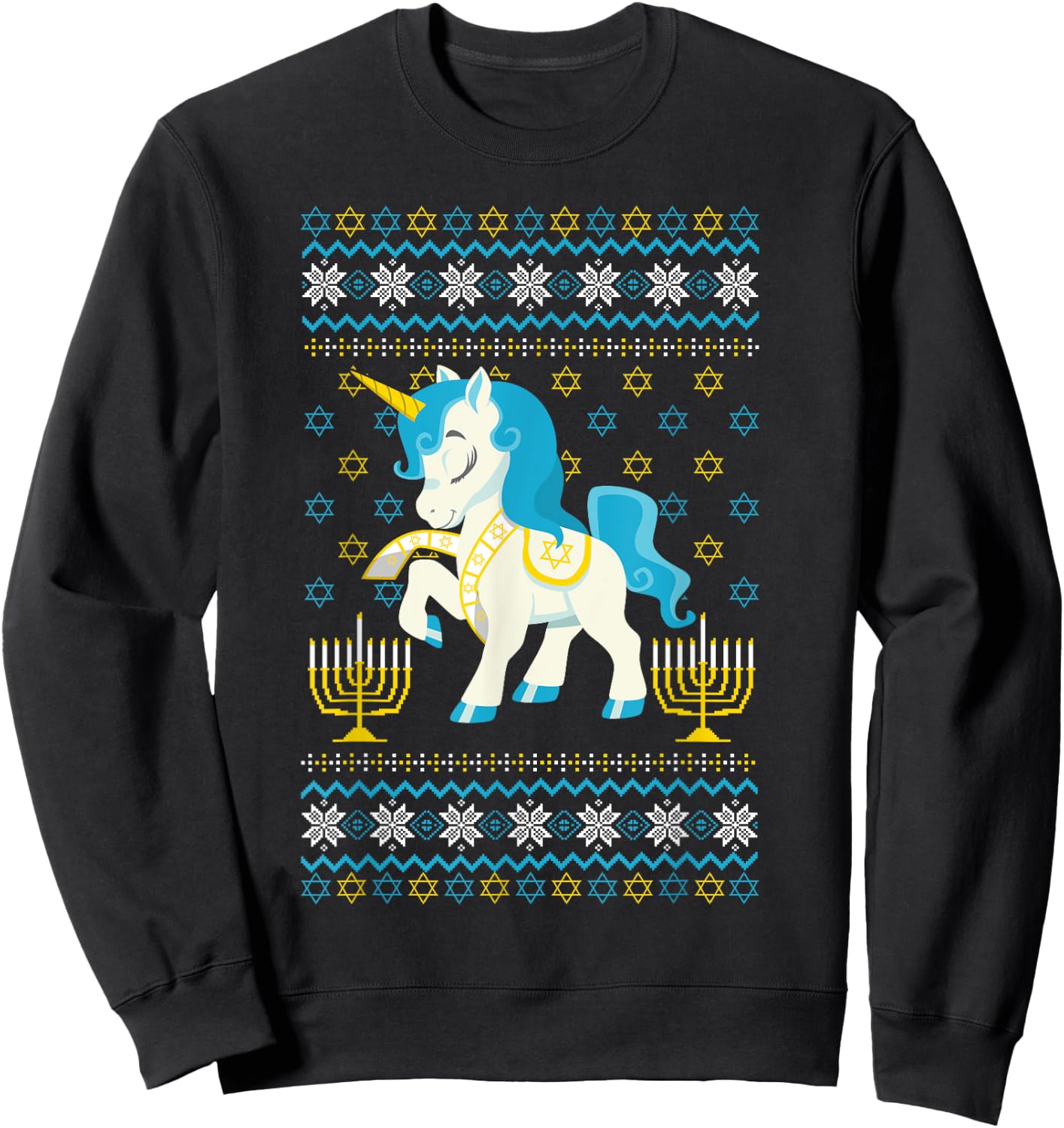 Ugly Hanukkah Sweater Unicorn Jewish Star Christmas Menorah Sweatshirt - Sweatshirt | Black