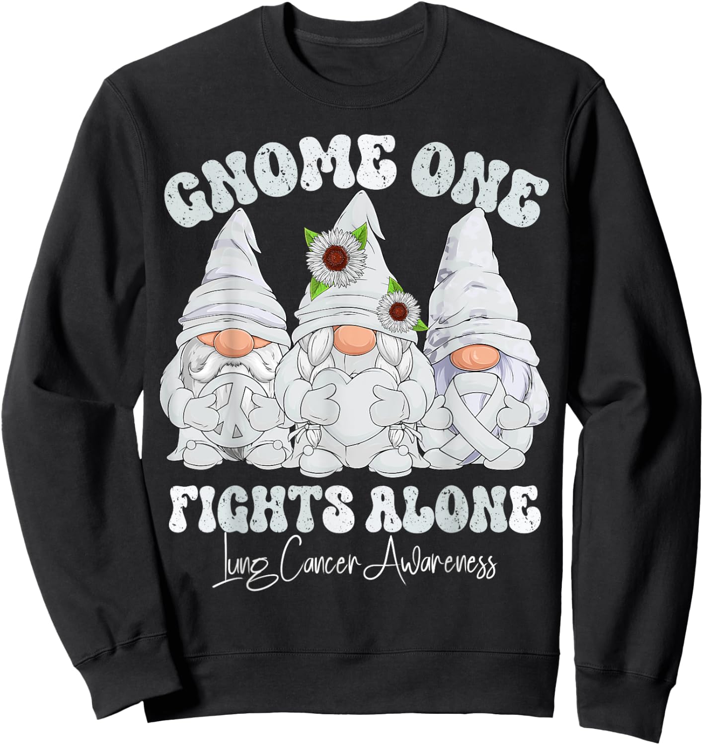Lung Cancer Awareness Month White Ribbon Gnomies Sweatshirt - Sweatshirt | Black